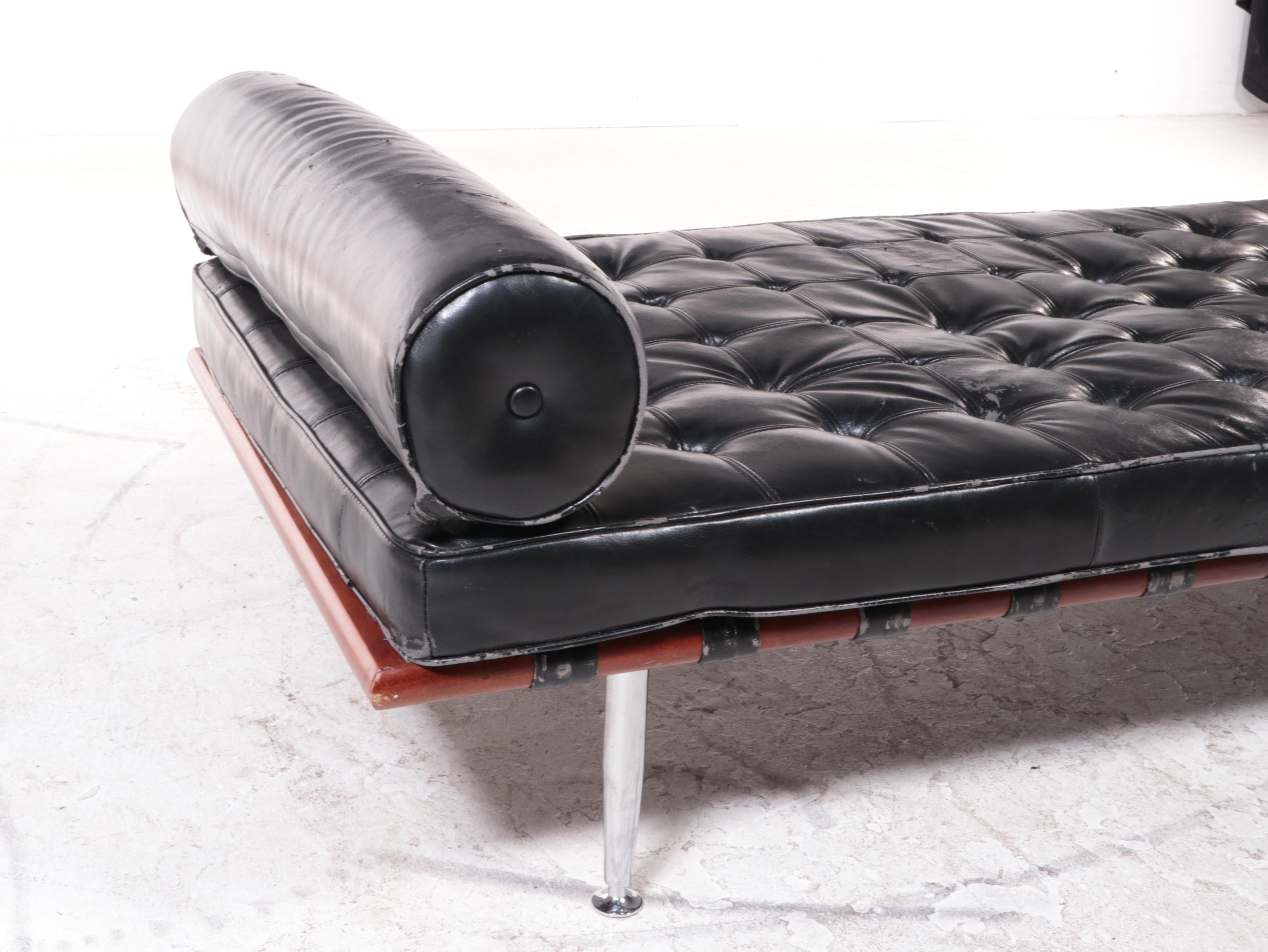 Modernist Style Chaise Lounge with Bonded Leather, Manner of Mies Van Der Rohe