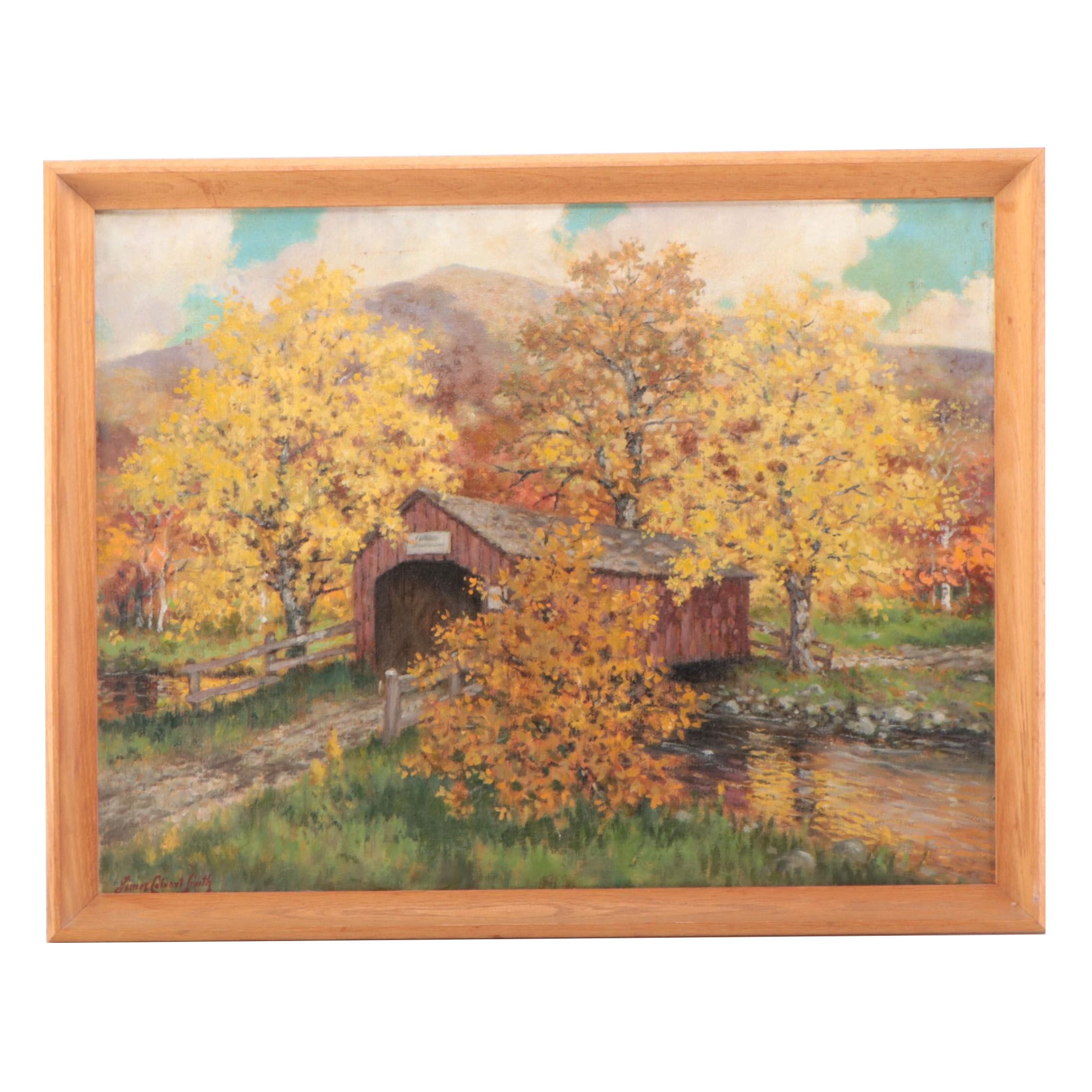 James Calvert Smith Autumn Landscape Oil Painting of Covered Bridge