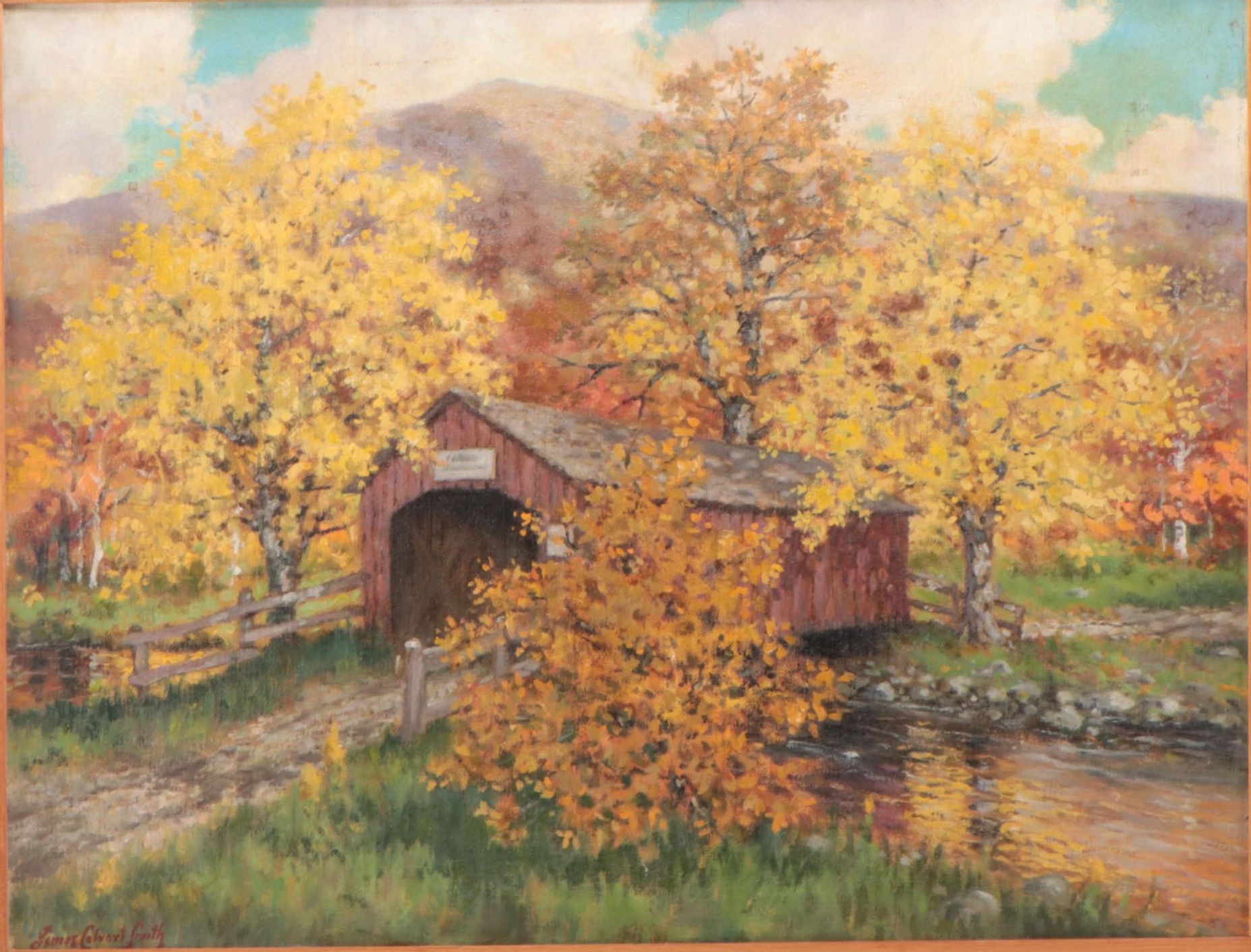 James Calvert Smith Autumn Landscape Oil Painting of Covered Bridge