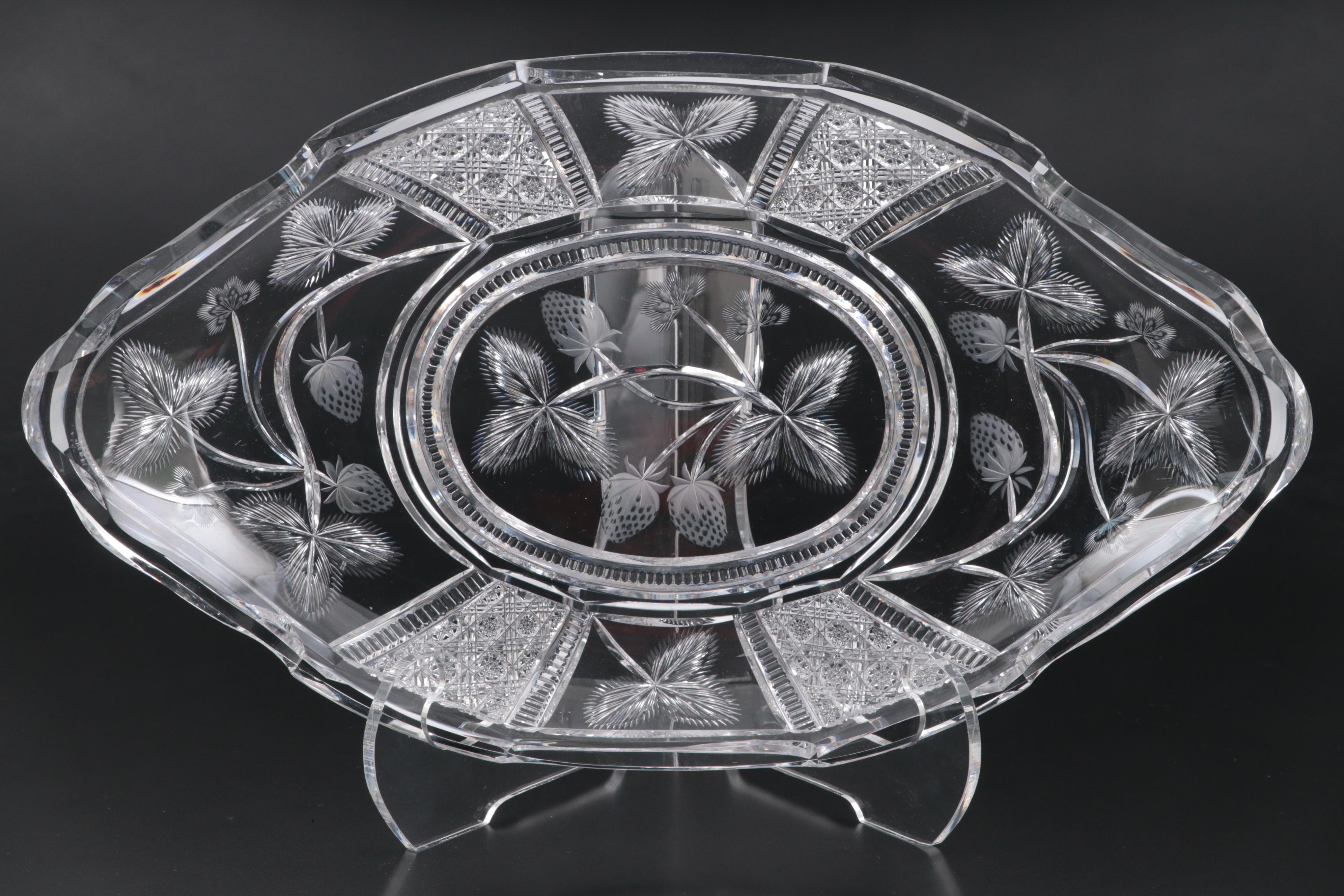 Libbey American Brilliant Cut Glass Strawberry Motif Ice Cream Tray and Plates