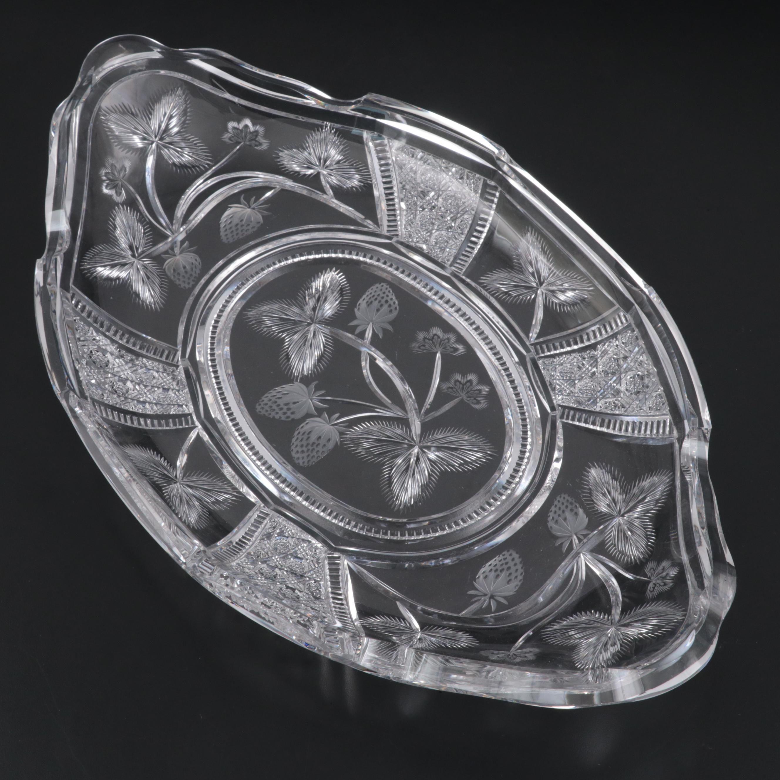 Libbey American Brilliant Cut Glass Strawberry Motif Ice Cream Tray and Plates