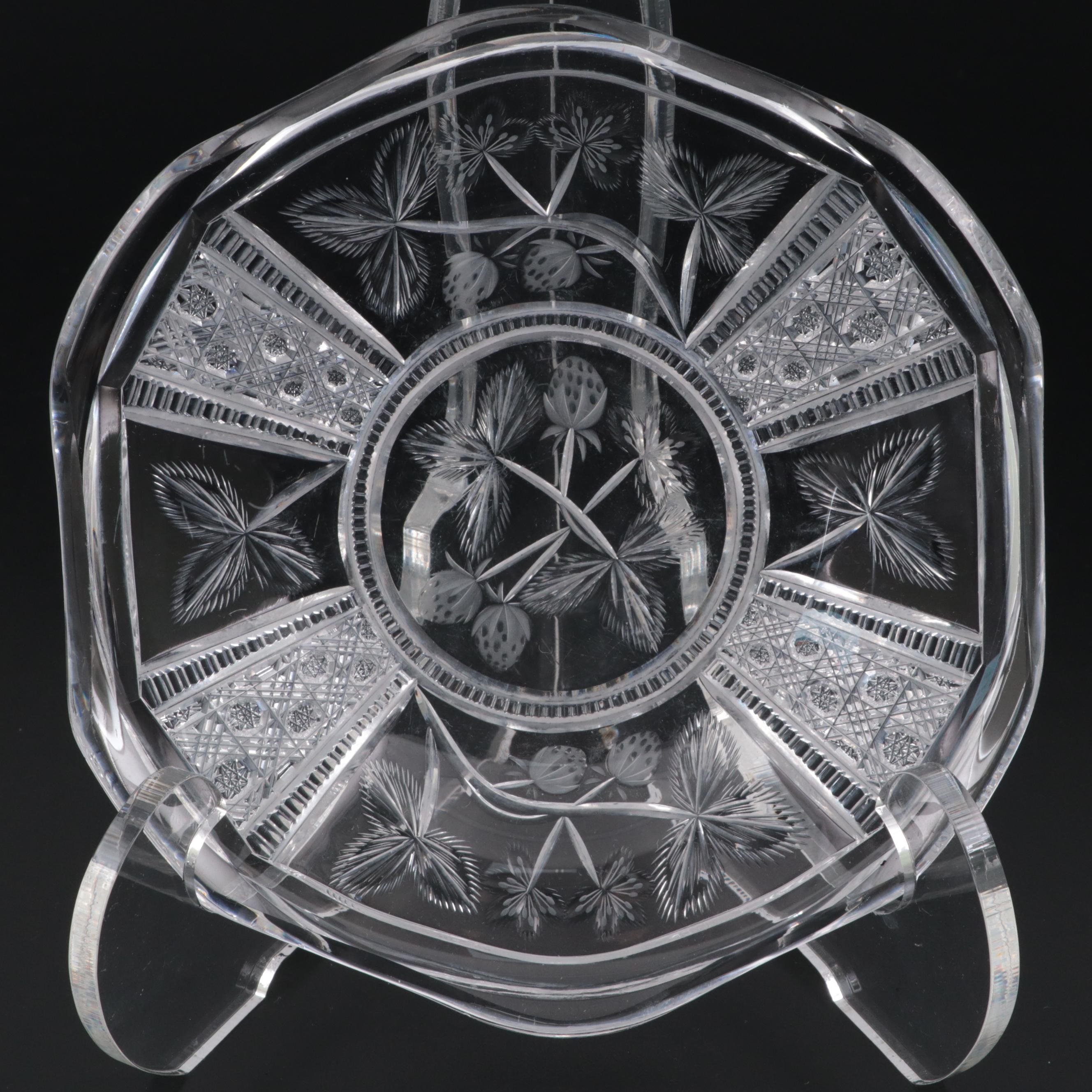 Libbey American Brilliant Cut Glass Strawberry Motif Ice Cream Tray and Plates