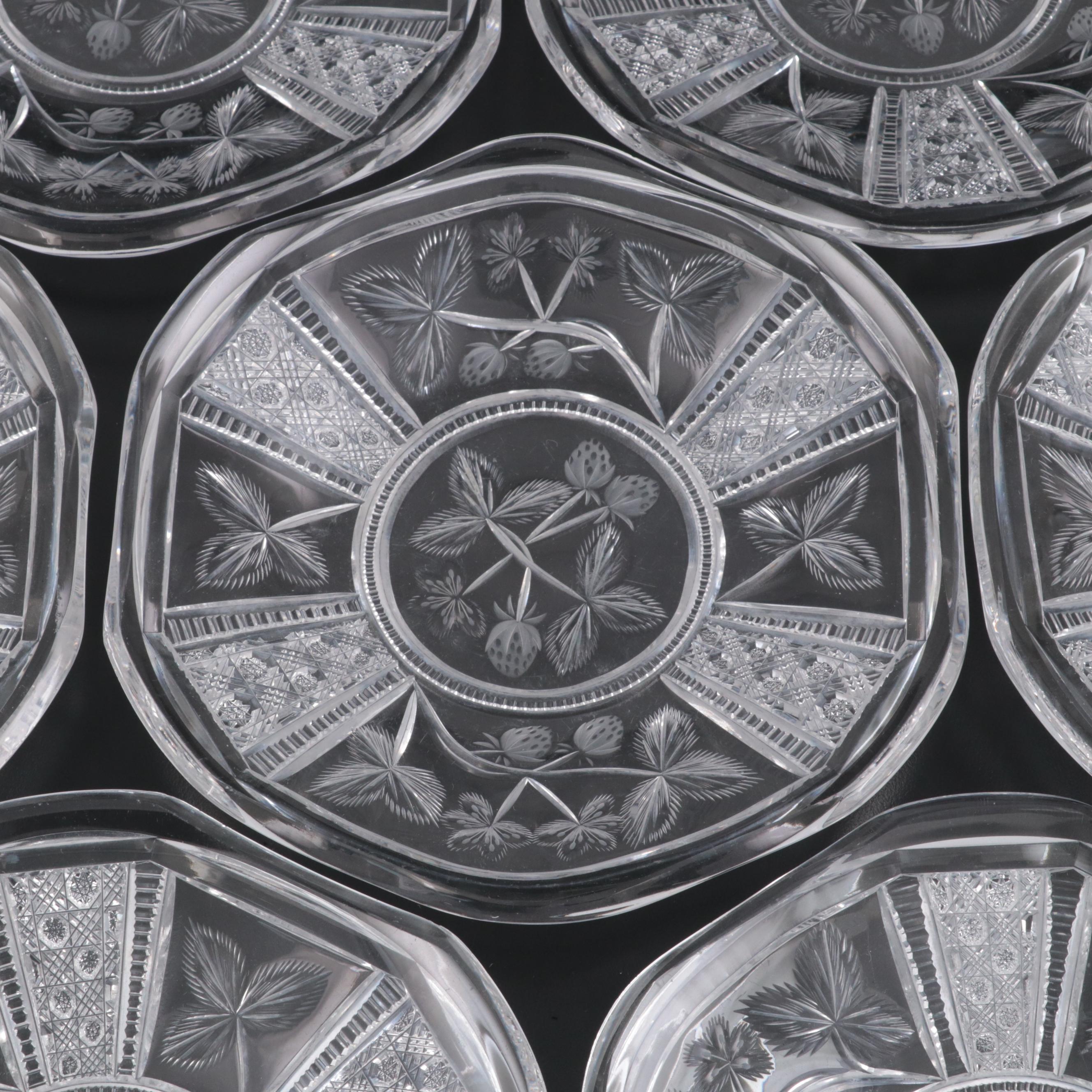 Libbey American Brilliant Cut Glass Strawberry Motif Ice Cream Tray and Plates