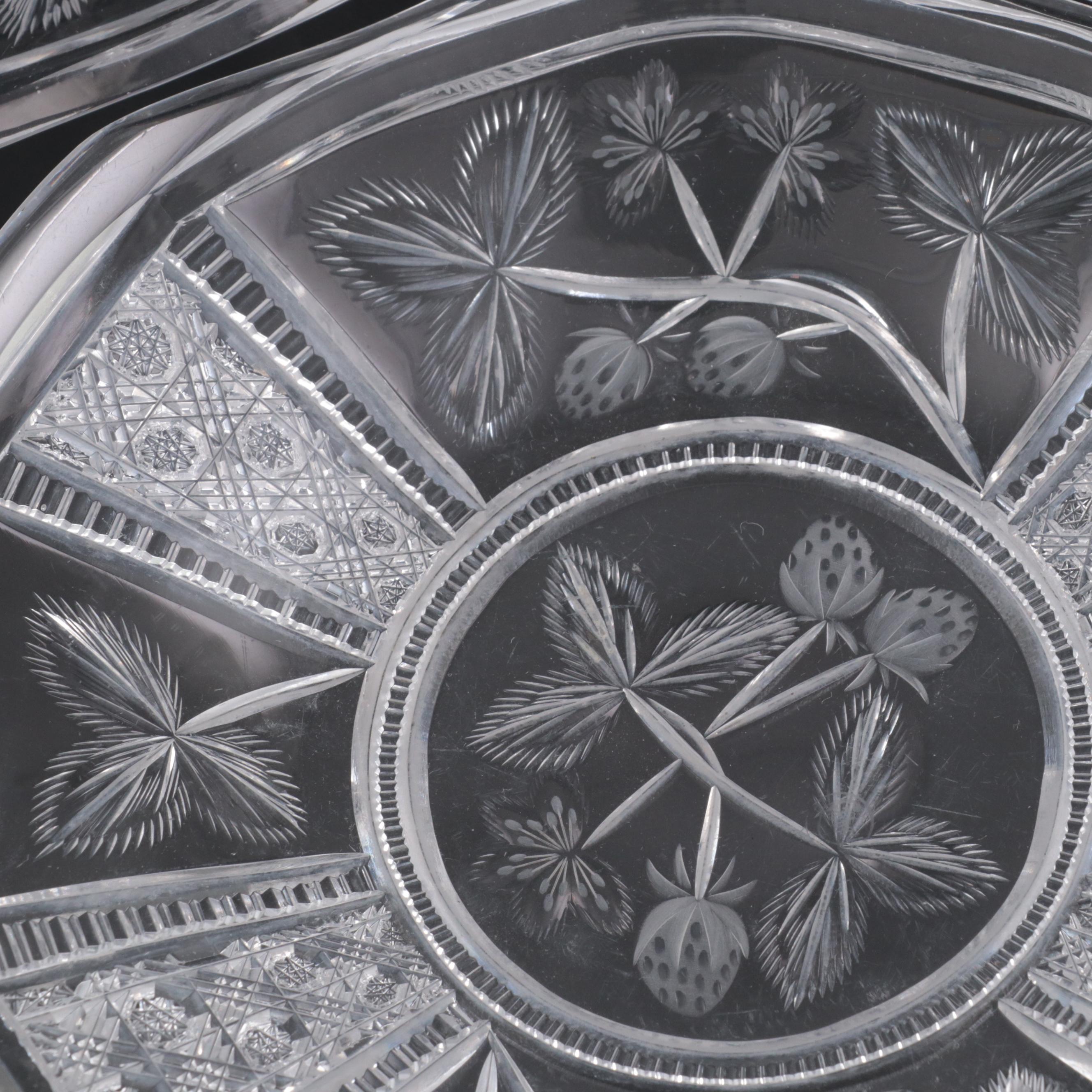 Libbey American Brilliant Cut Glass Strawberry Motif Ice Cream Tray and Plates