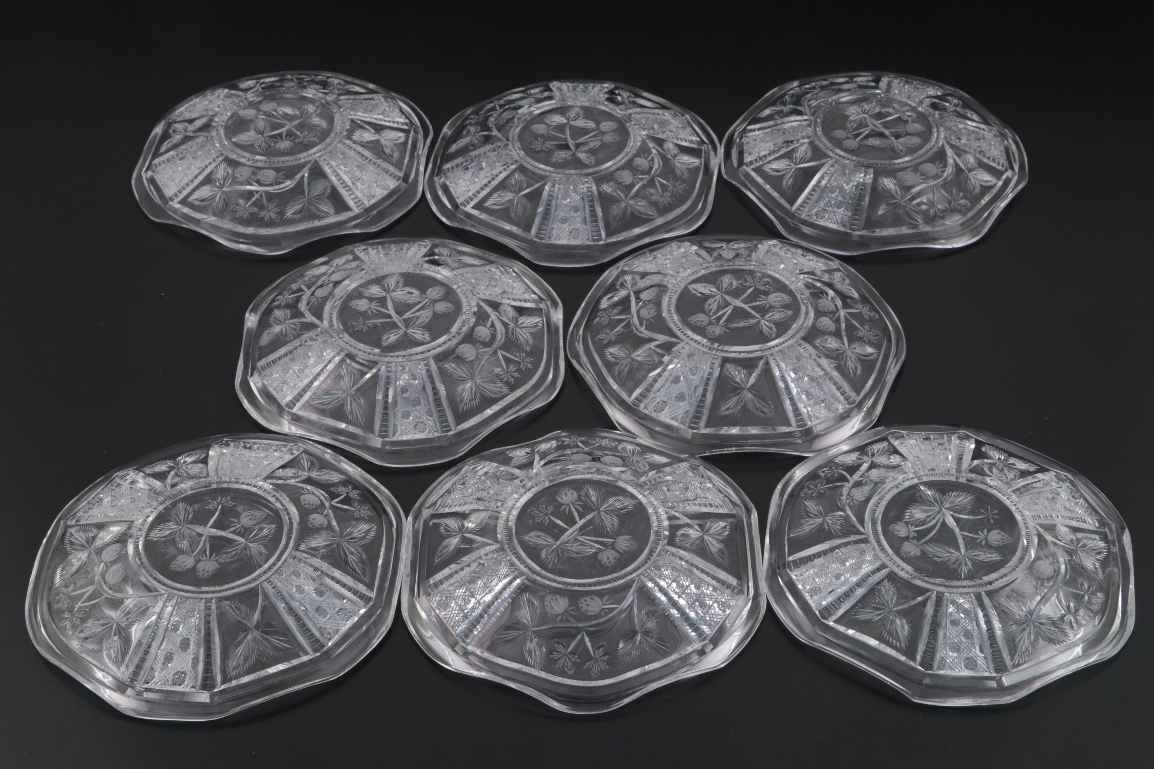 Libbey American Brilliant Cut Glass Strawberry Motif Ice Cream Tray and Plates