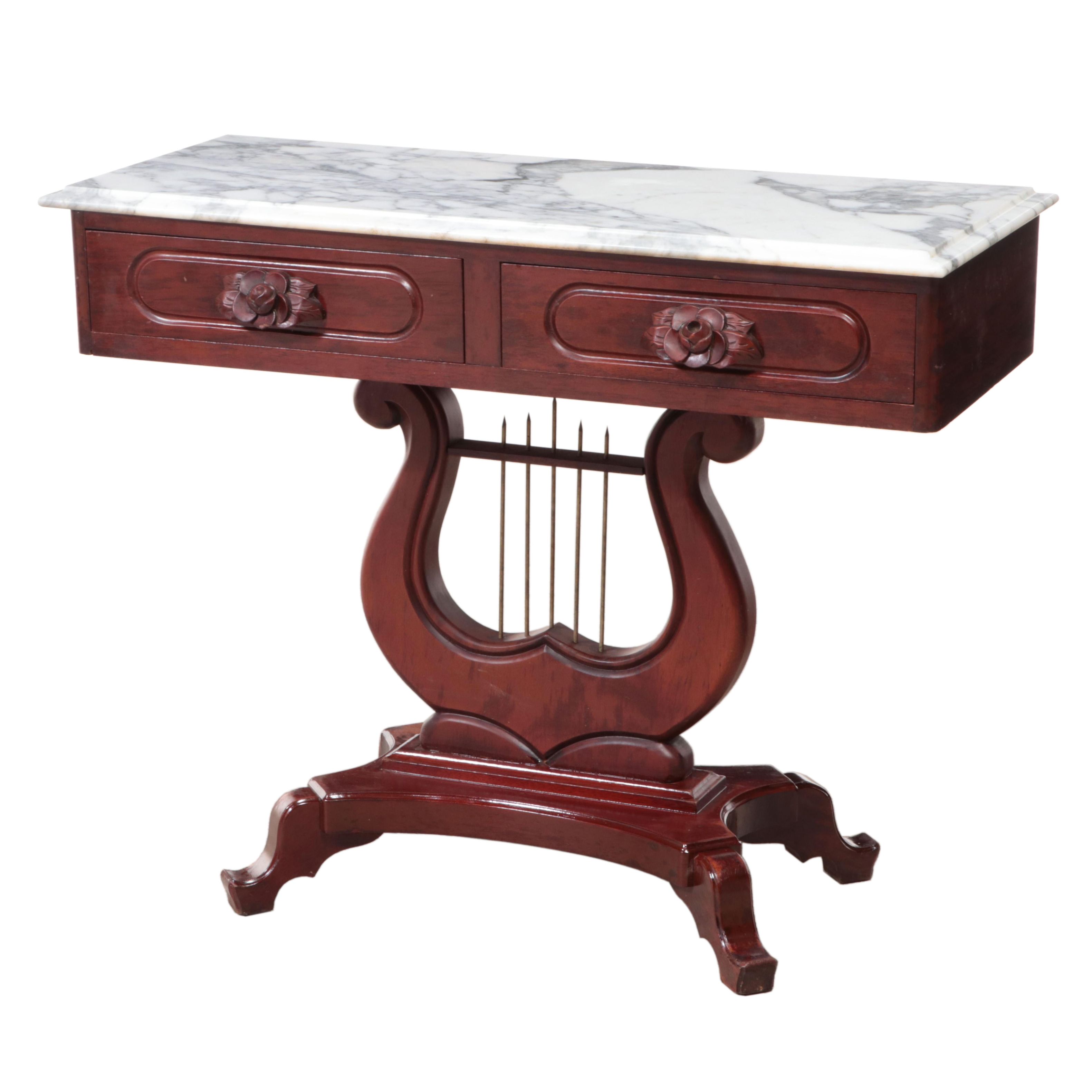 Victorian Style Mahogany and Marble Top LyreBase Console Table EBTH
