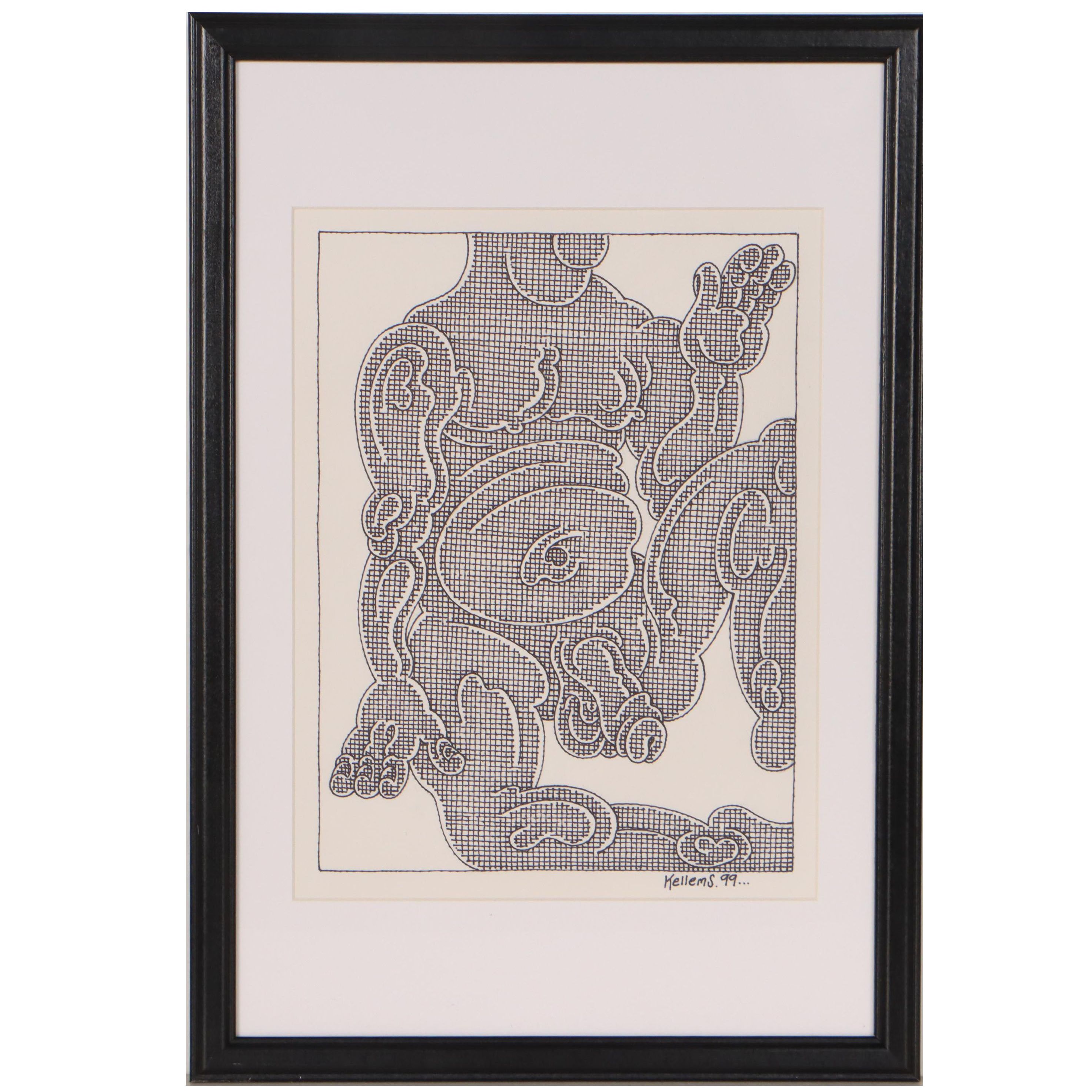 Jerry Kellems Ink Drawing of Nude, 1999