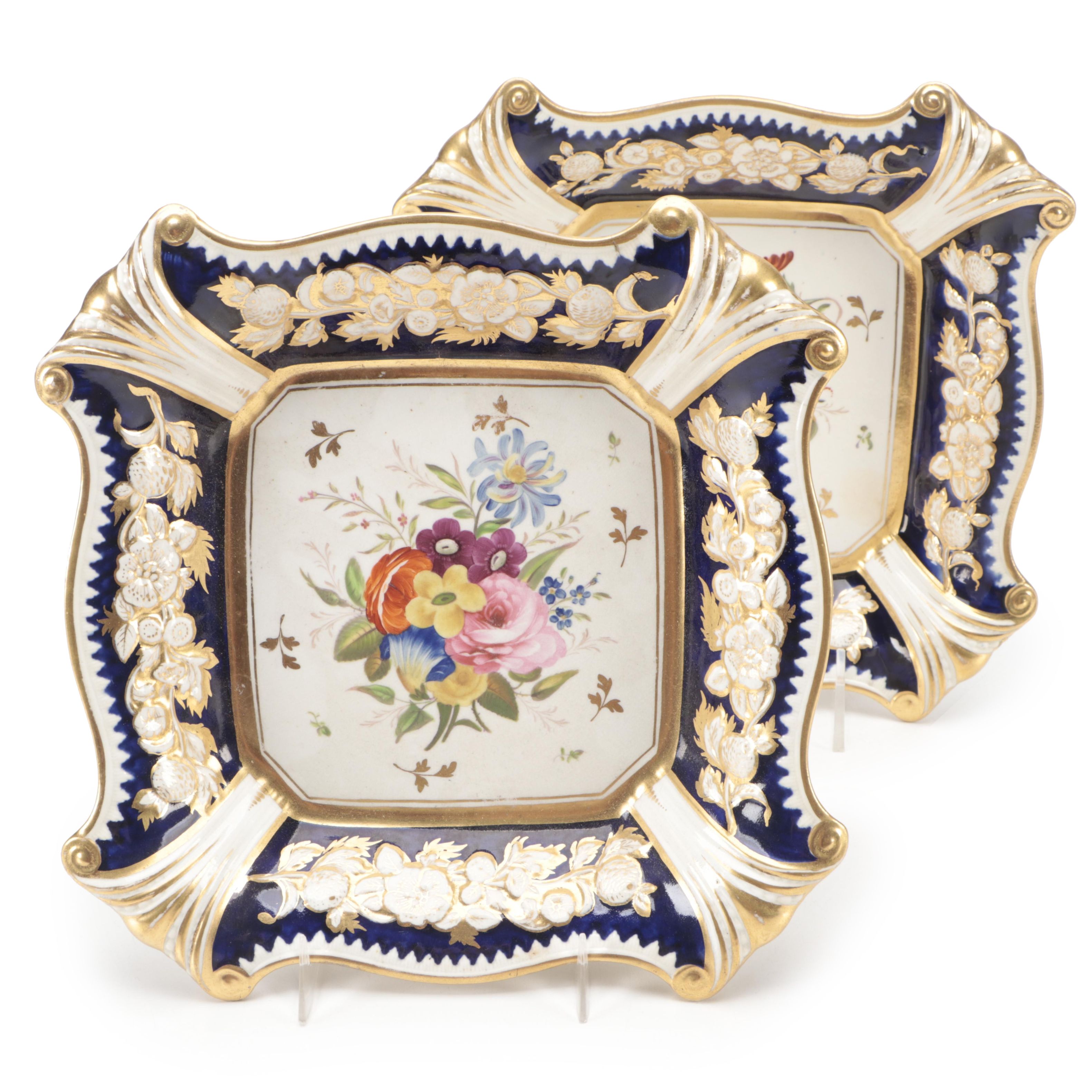 Hand-Painted Spode Style Floral Motif Ceramic Square Decorative Plates