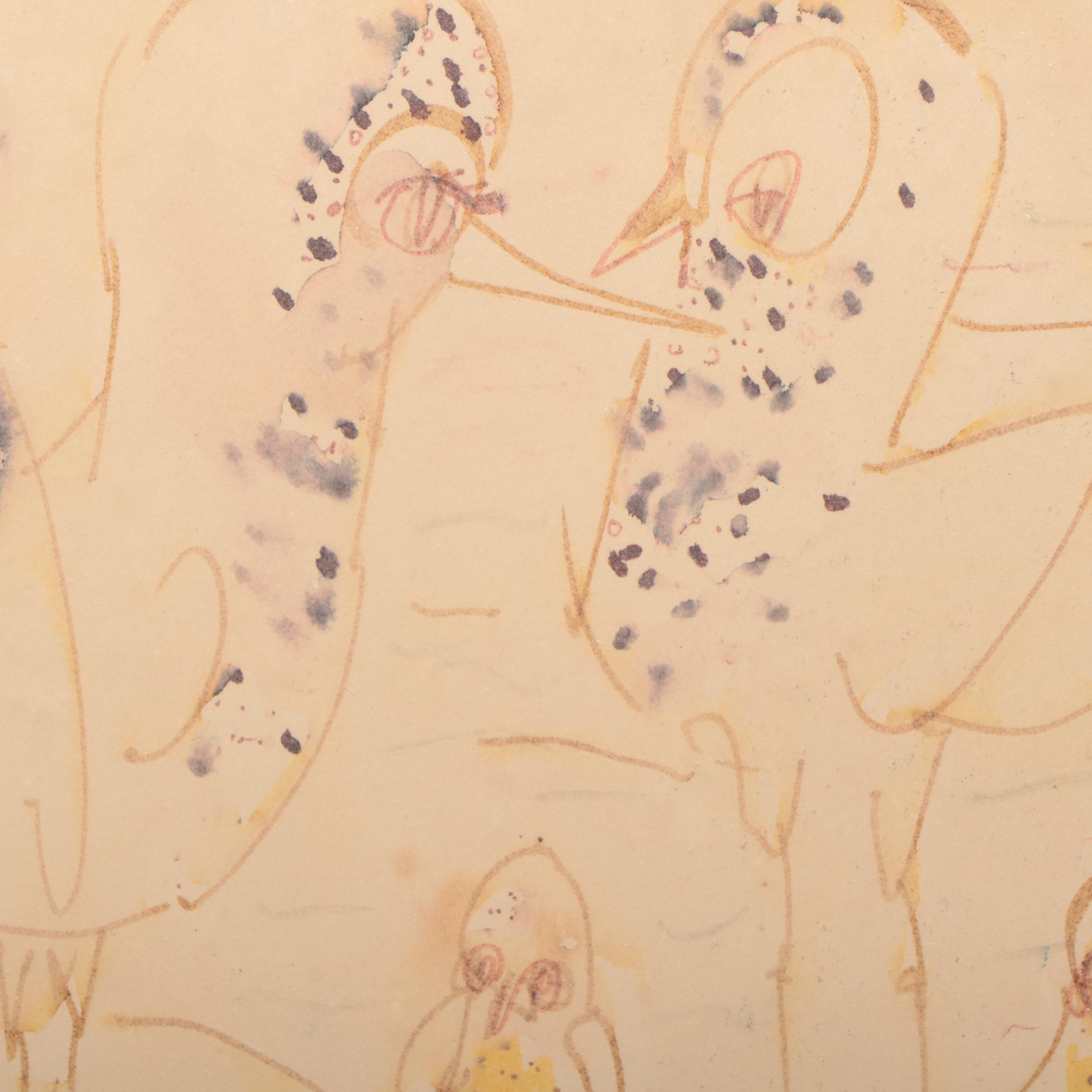 Outsider Art Ink Drawing of Birds, Circa 1957