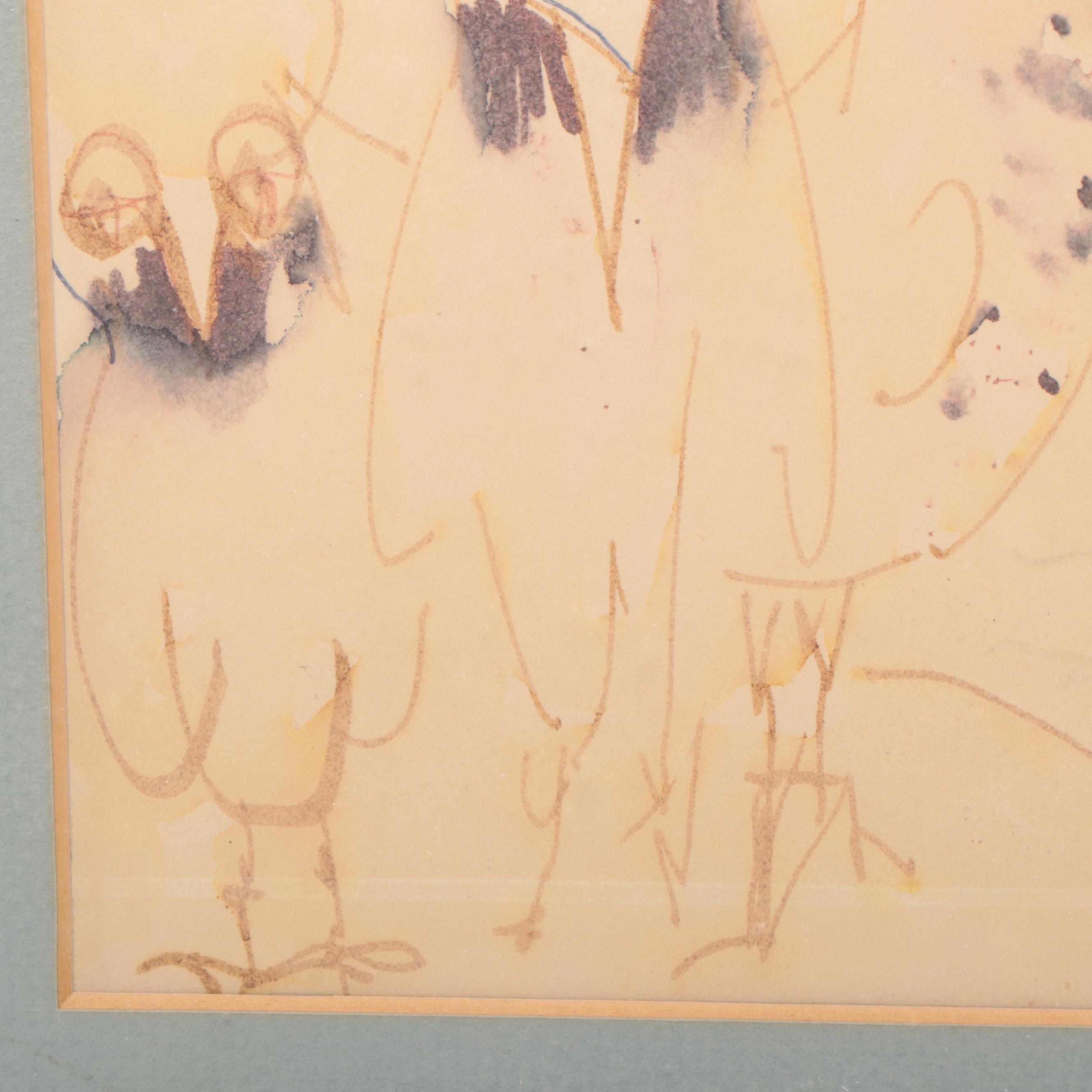 Outsider Art Ink Drawing of Birds, Circa 1957