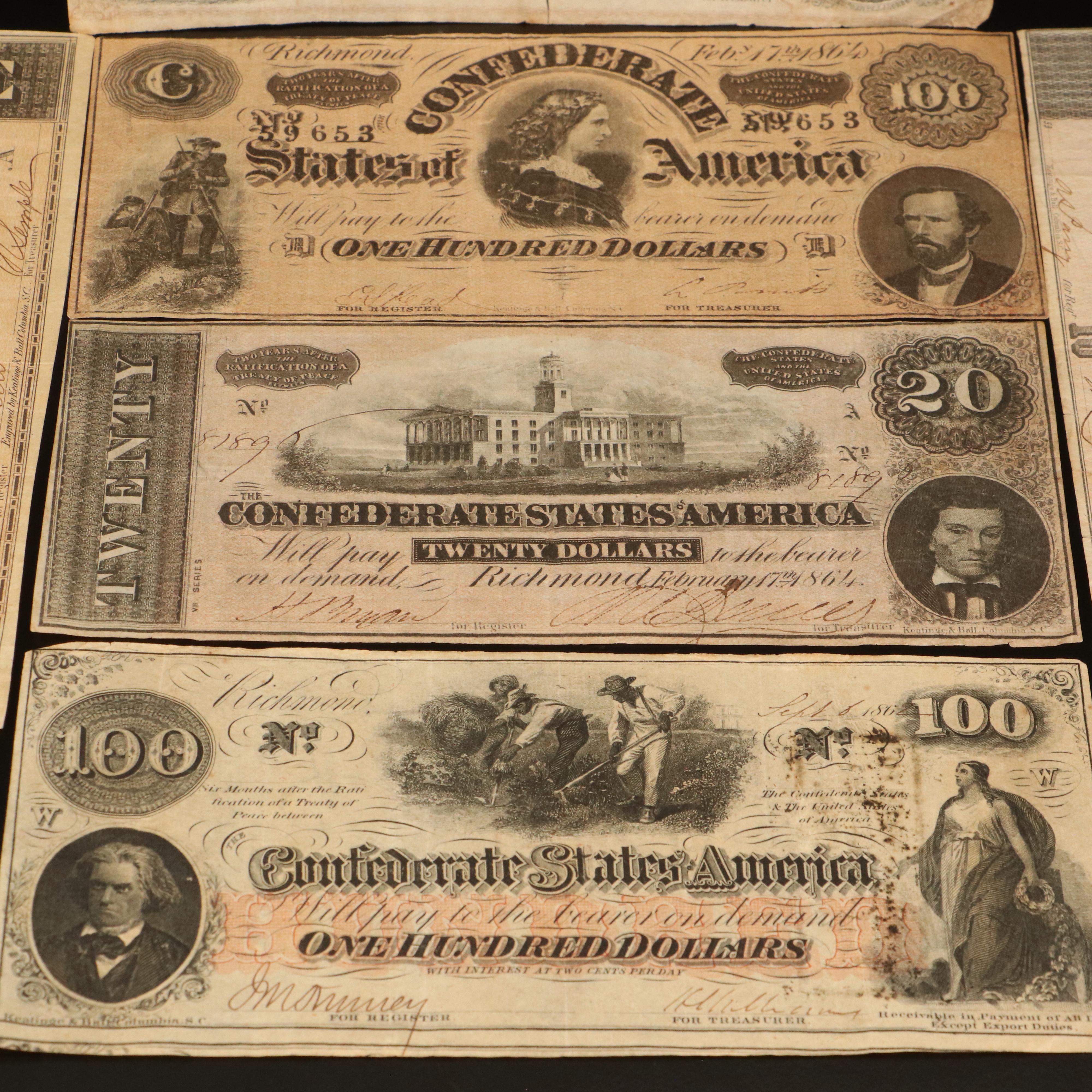 Assortment of Confederate States Currency, Fractional Currency, and More
