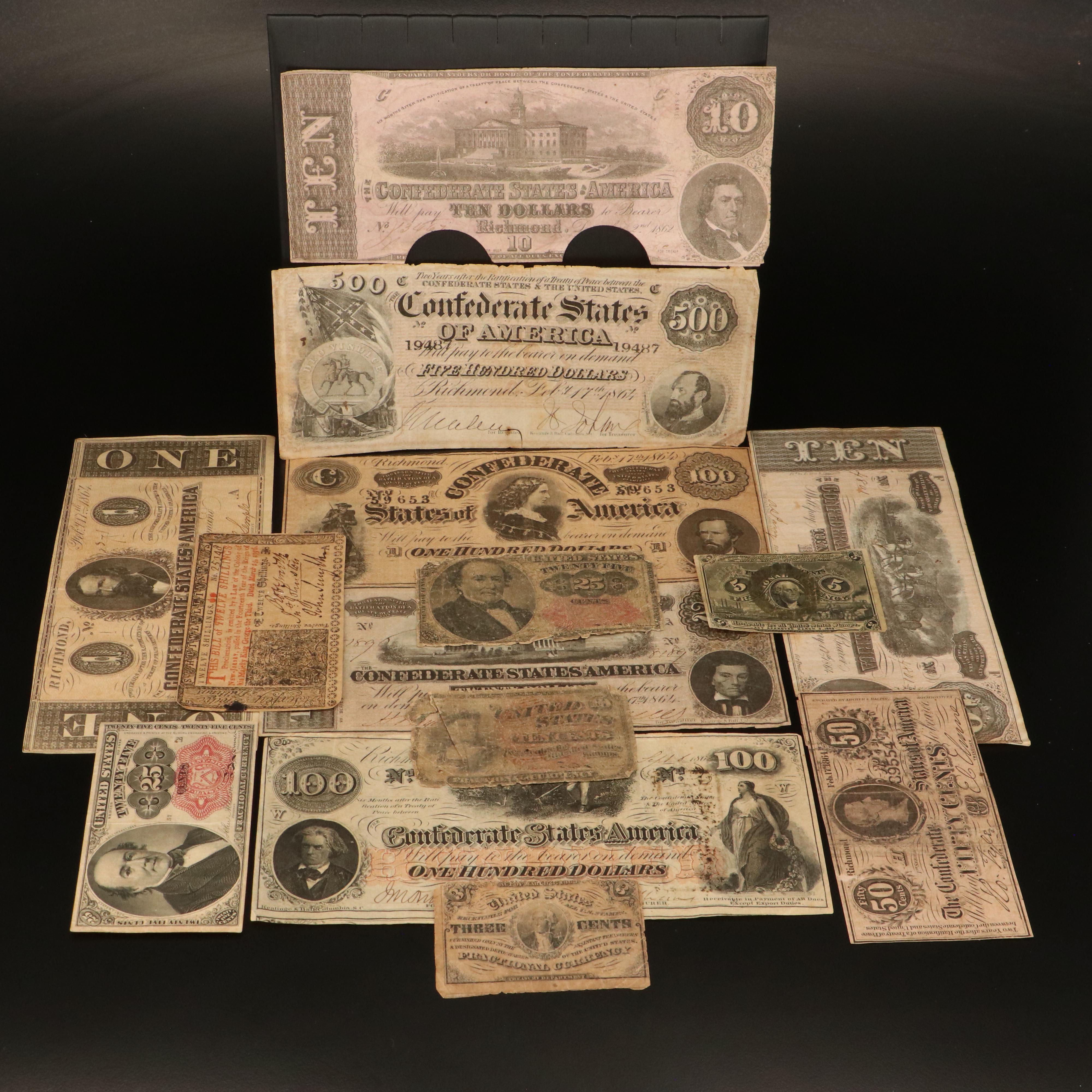 Assortment of Confederate States Currency, Fractional Currency, and More