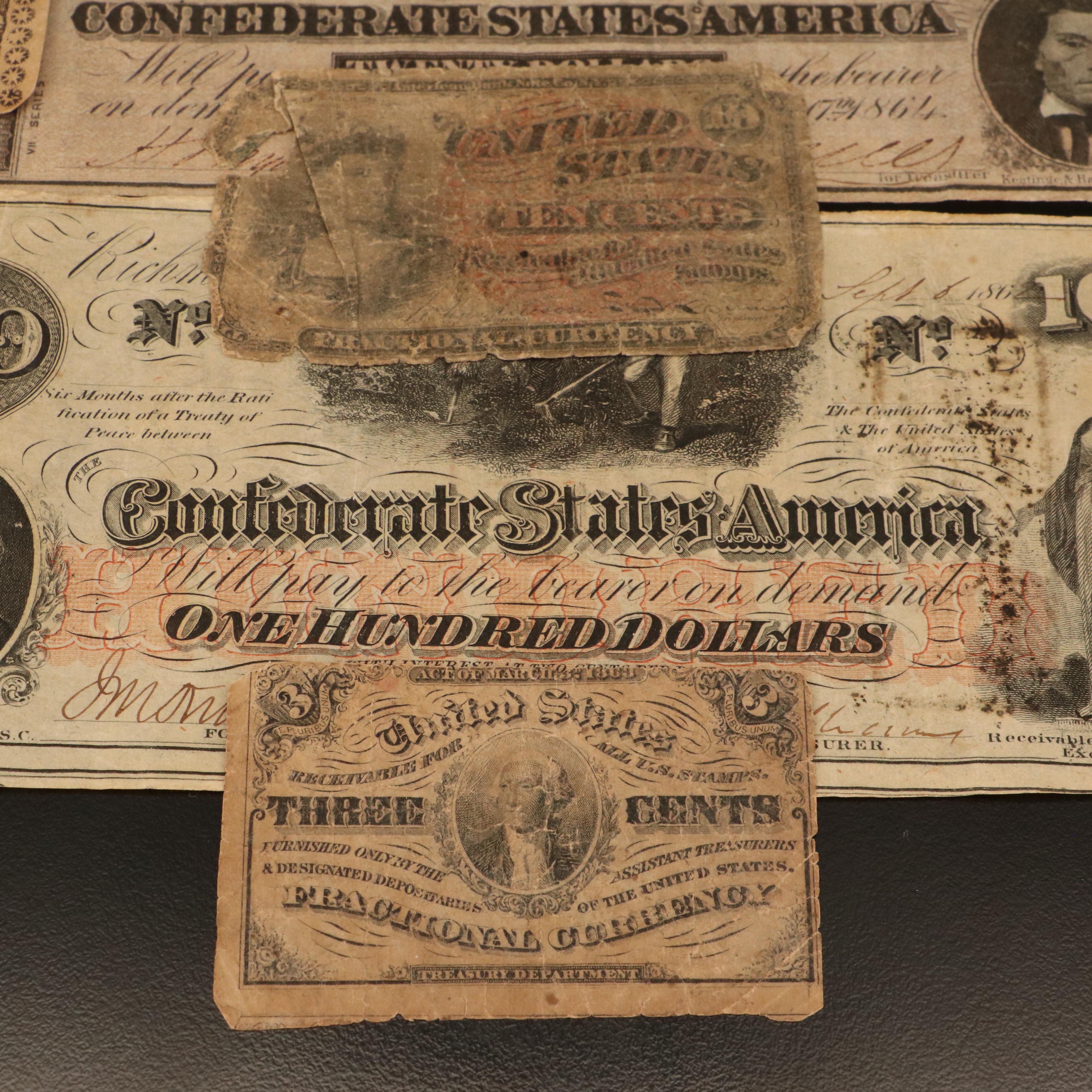 Assortment of Confederate States Currency, Fractional Currency, and More