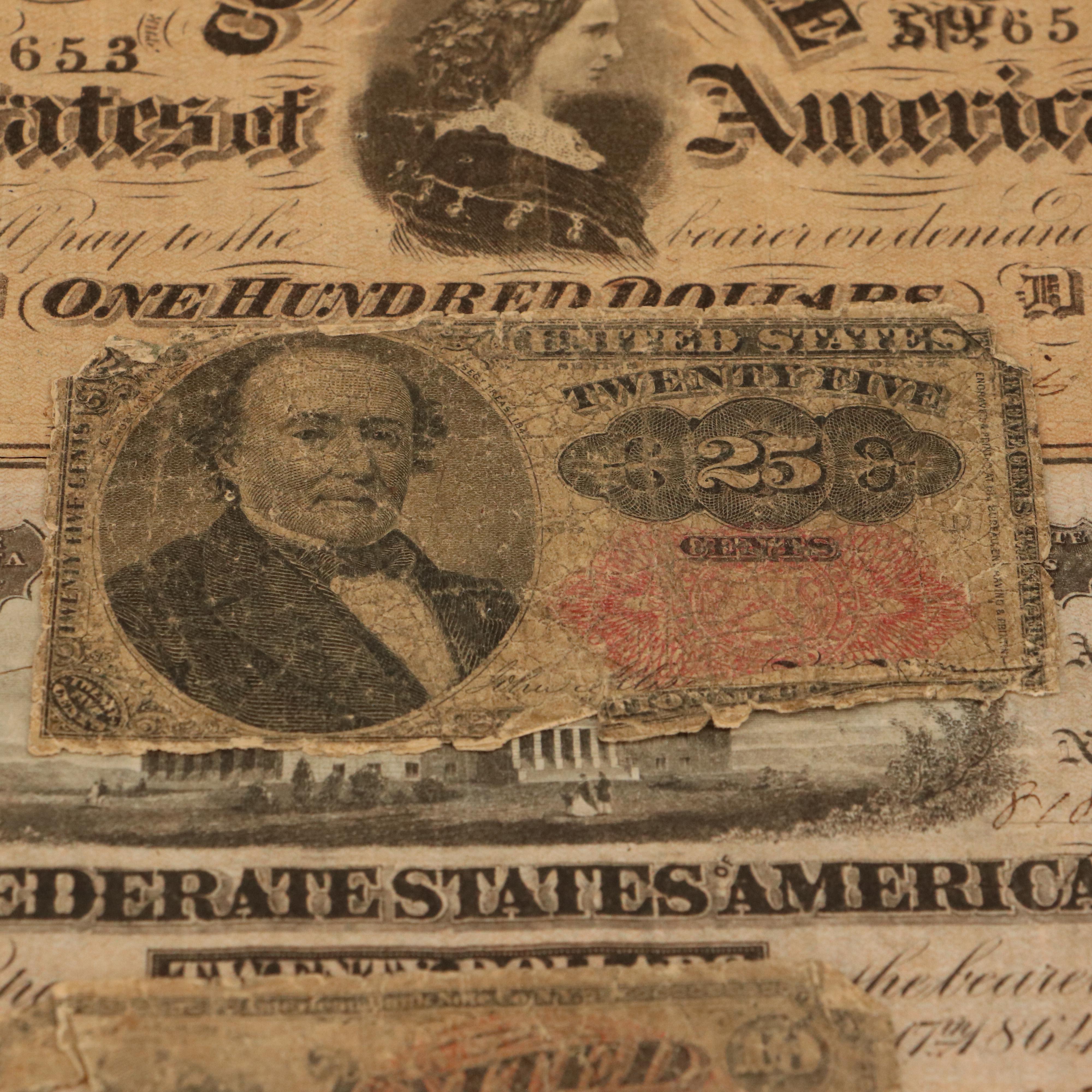 Assortment of Confederate States Currency, Fractional Currency, and More