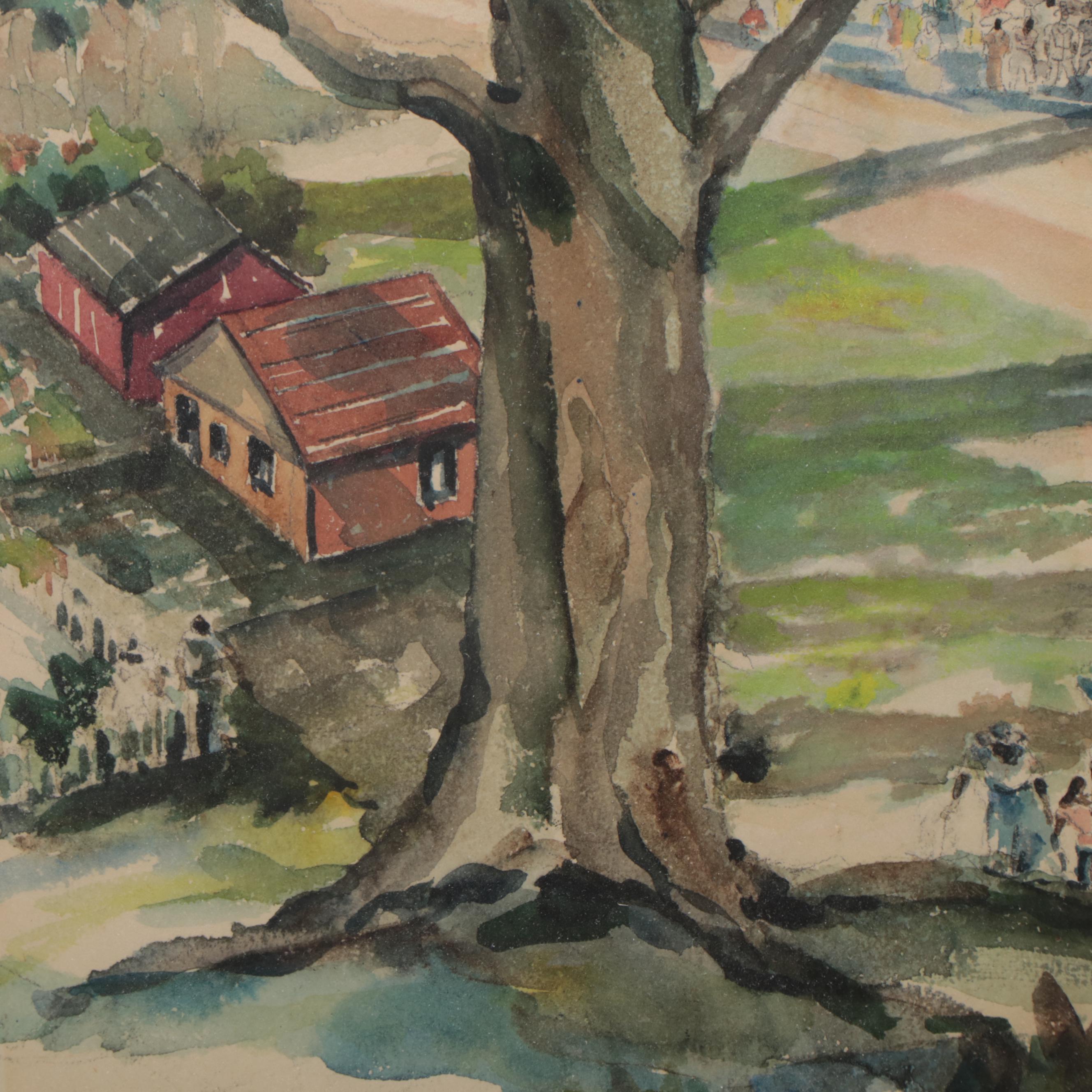 Watercolor Painting of Funeral Procession in the Style of Winslow Homer