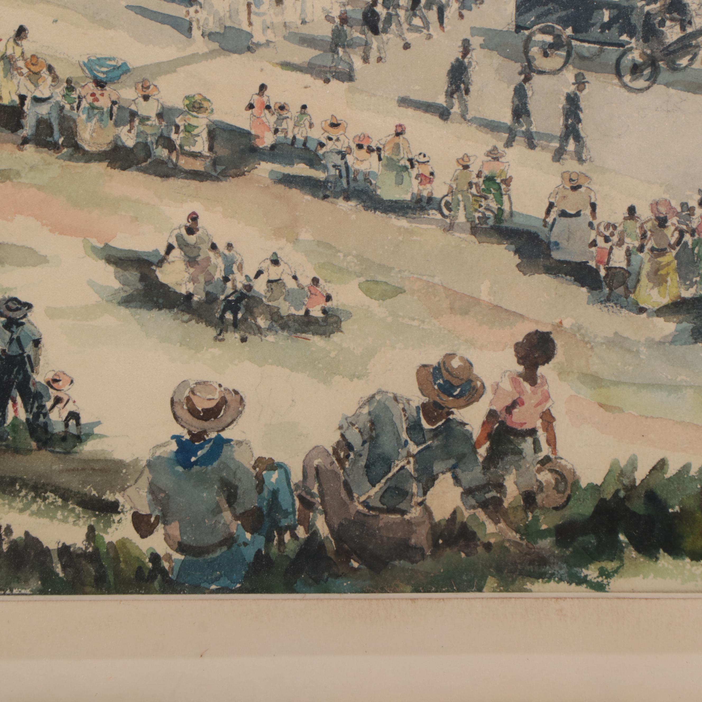 Watercolor Painting of Funeral Procession in the Style of Winslow Homer