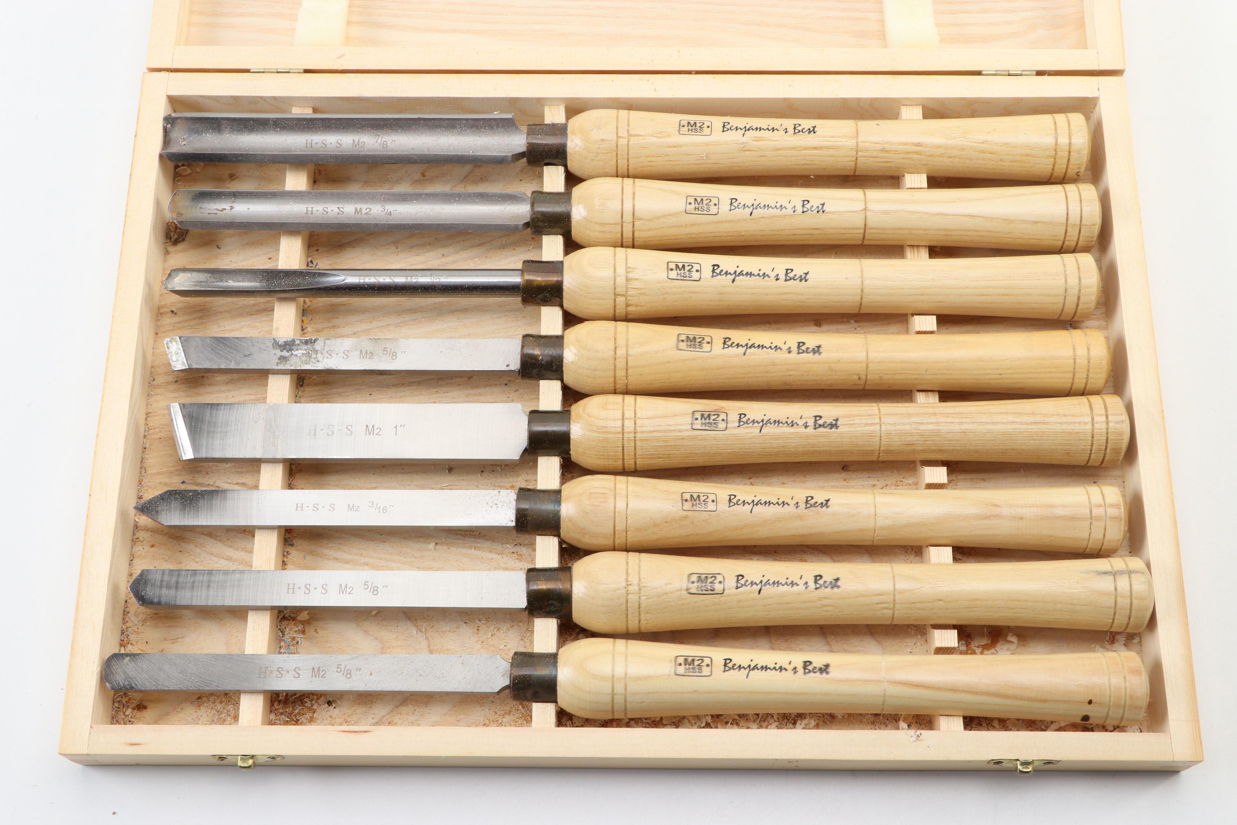 Benjamin's Best Steel and Oak Handled Wood Lathe Chisels with Storage Case