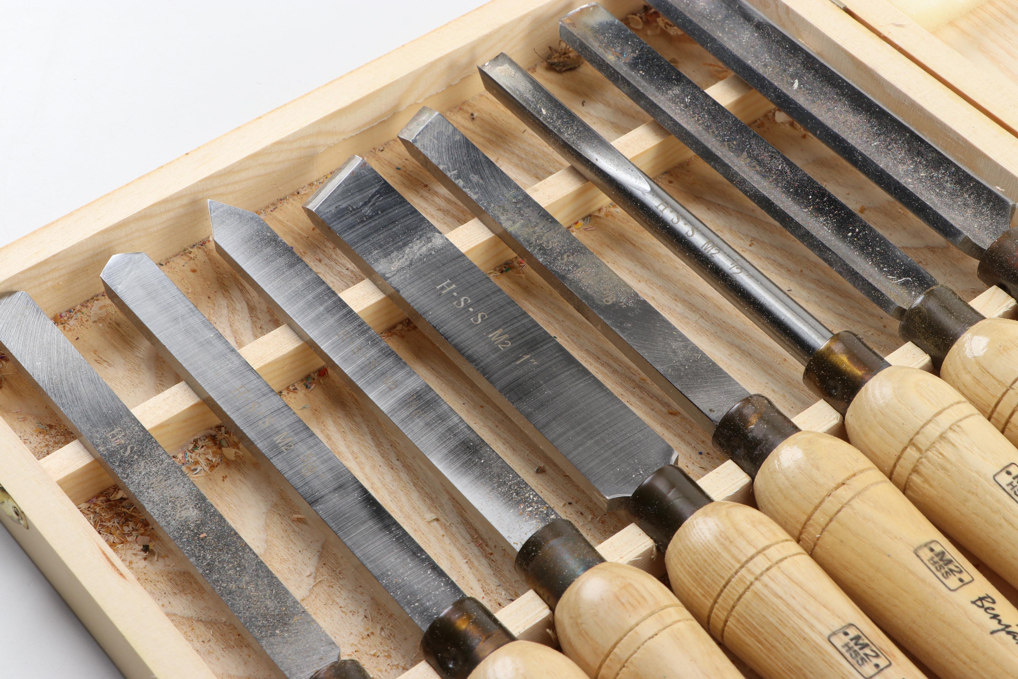 Benjamin's Best Steel and Oak Handled Wood Lathe Chisels with Storage Case