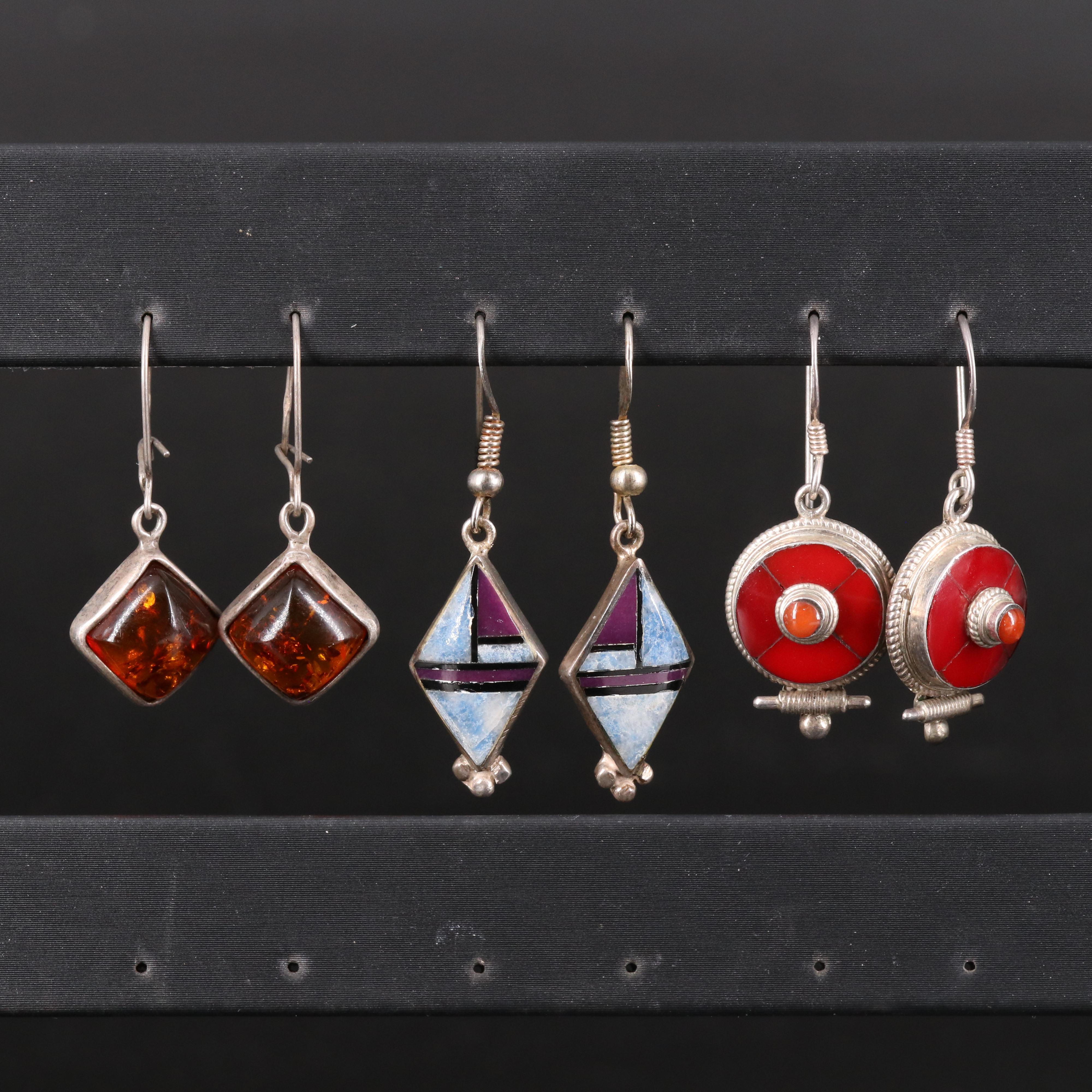 Sterling Amber, Coral and Sugilite Earrings