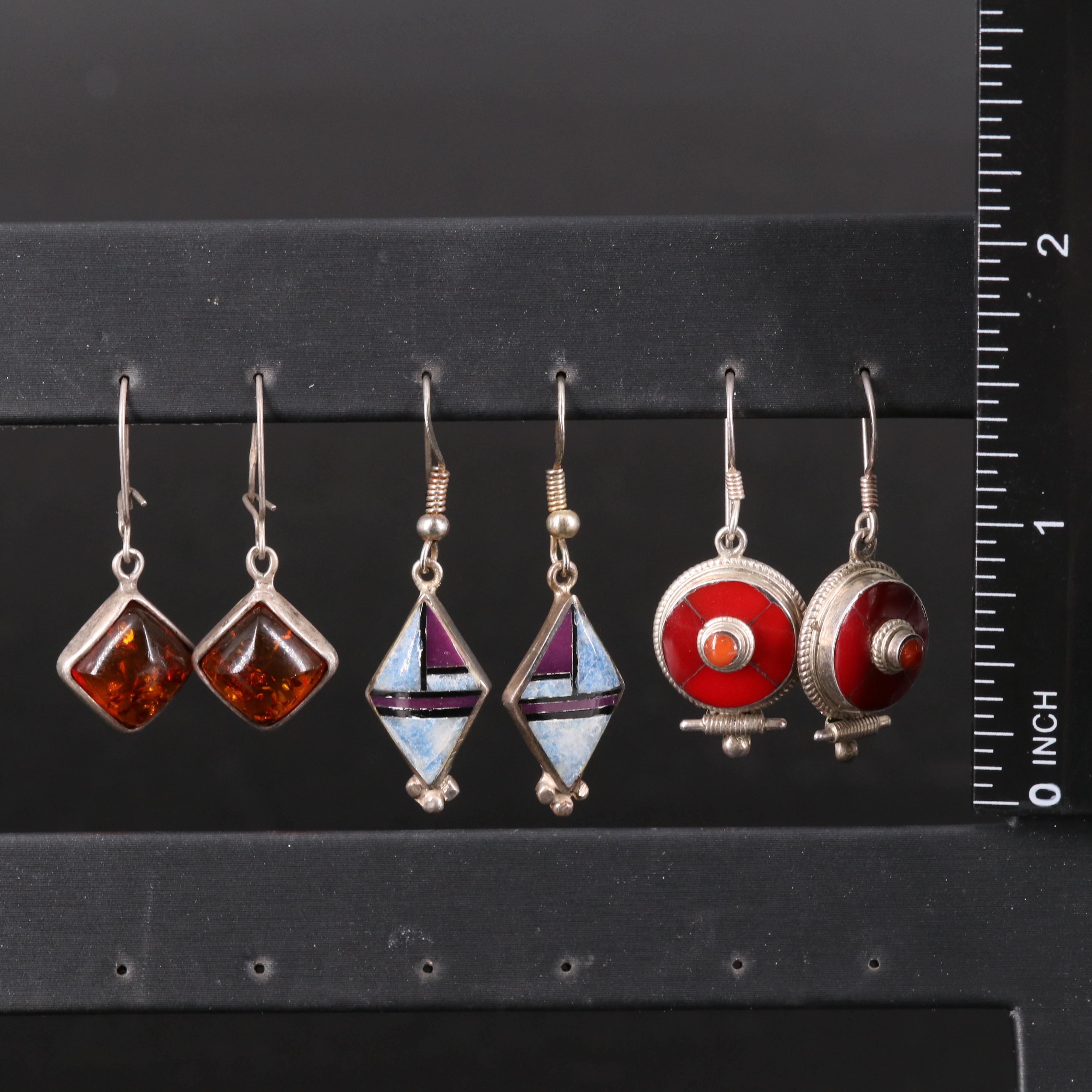 Sterling Amber, Coral and Sugilite Earrings