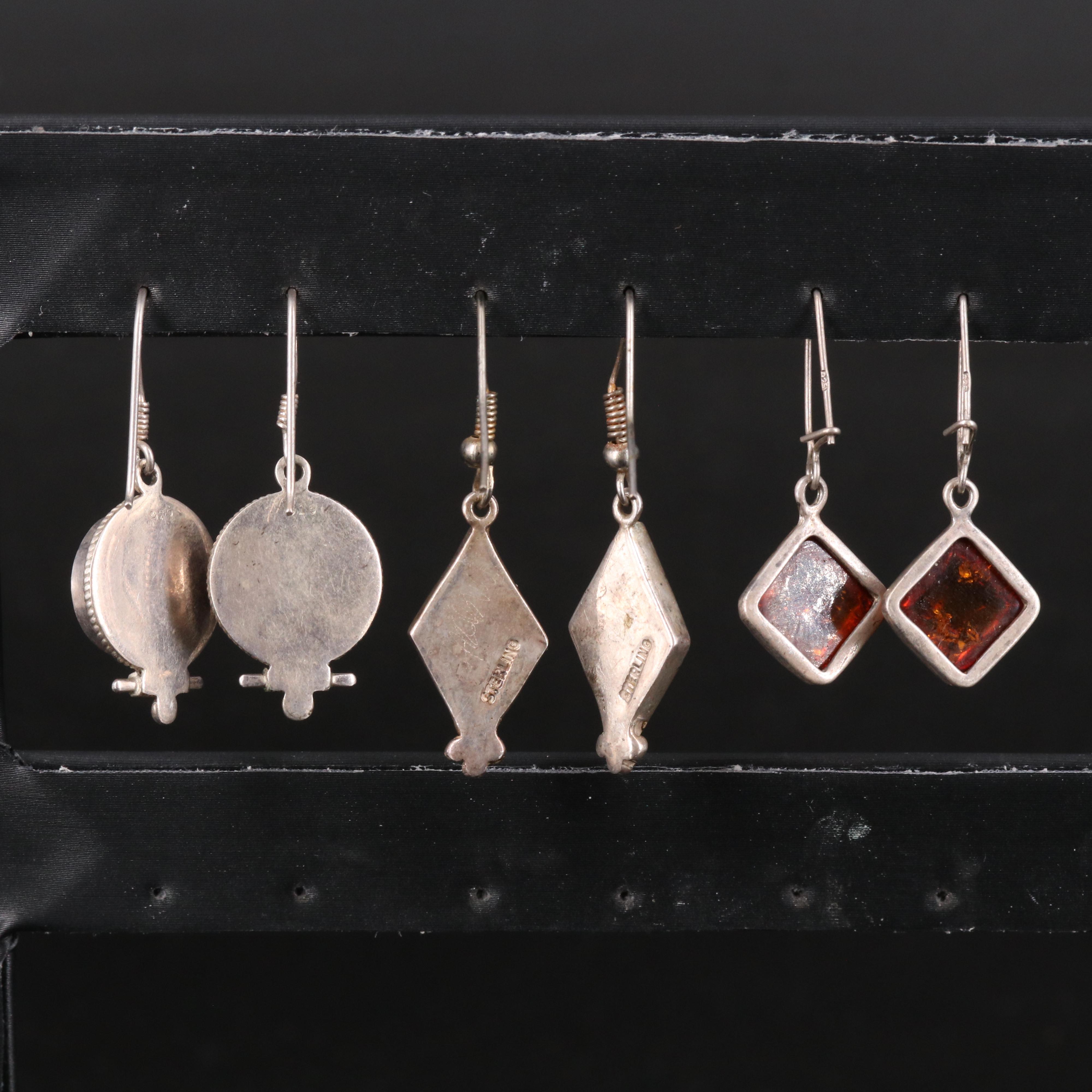 Sterling Amber, Coral and Sugilite Earrings