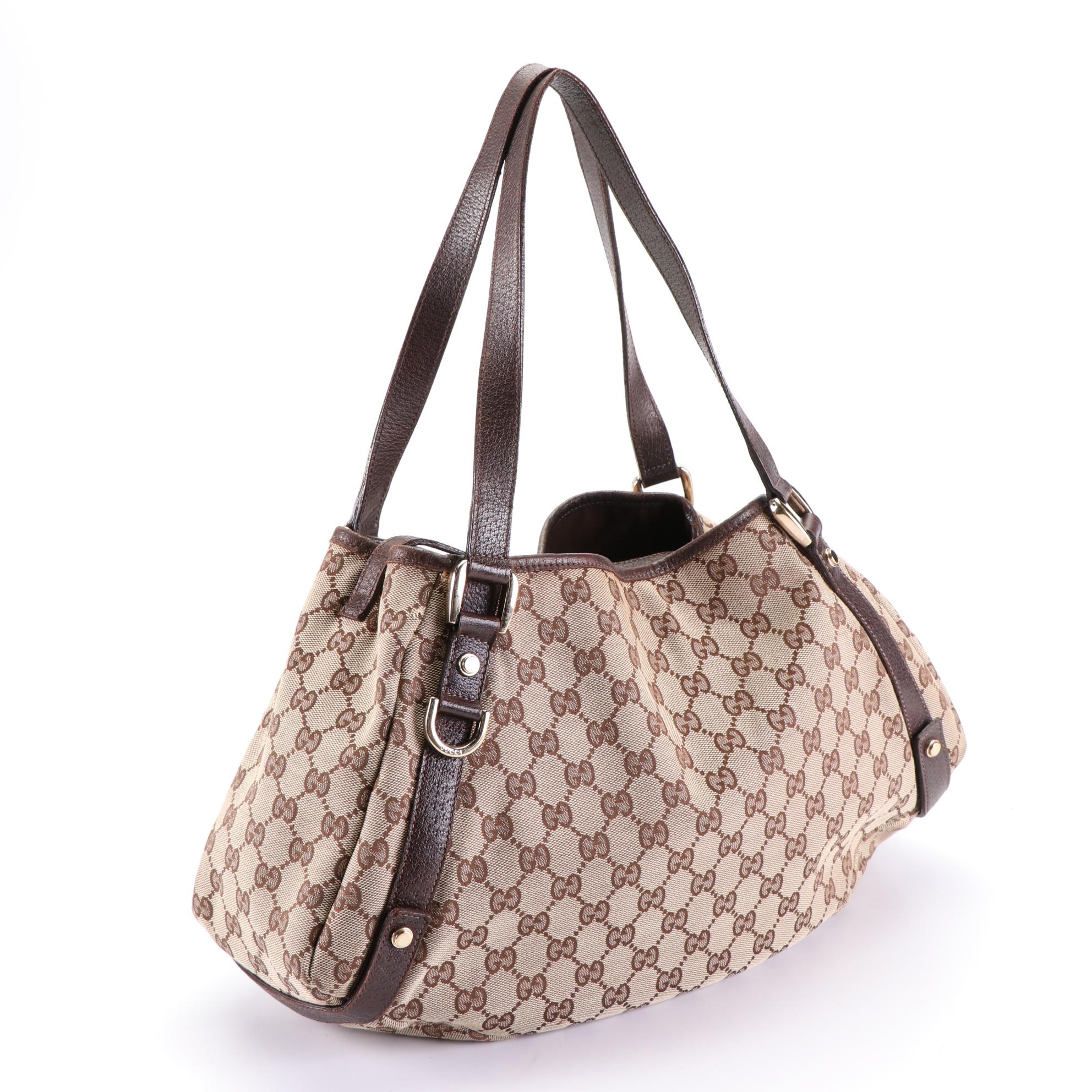Gucci Abbey D-Ring Shoulder Tote in GG Canvas and Dark Brown Cinghiale Leather