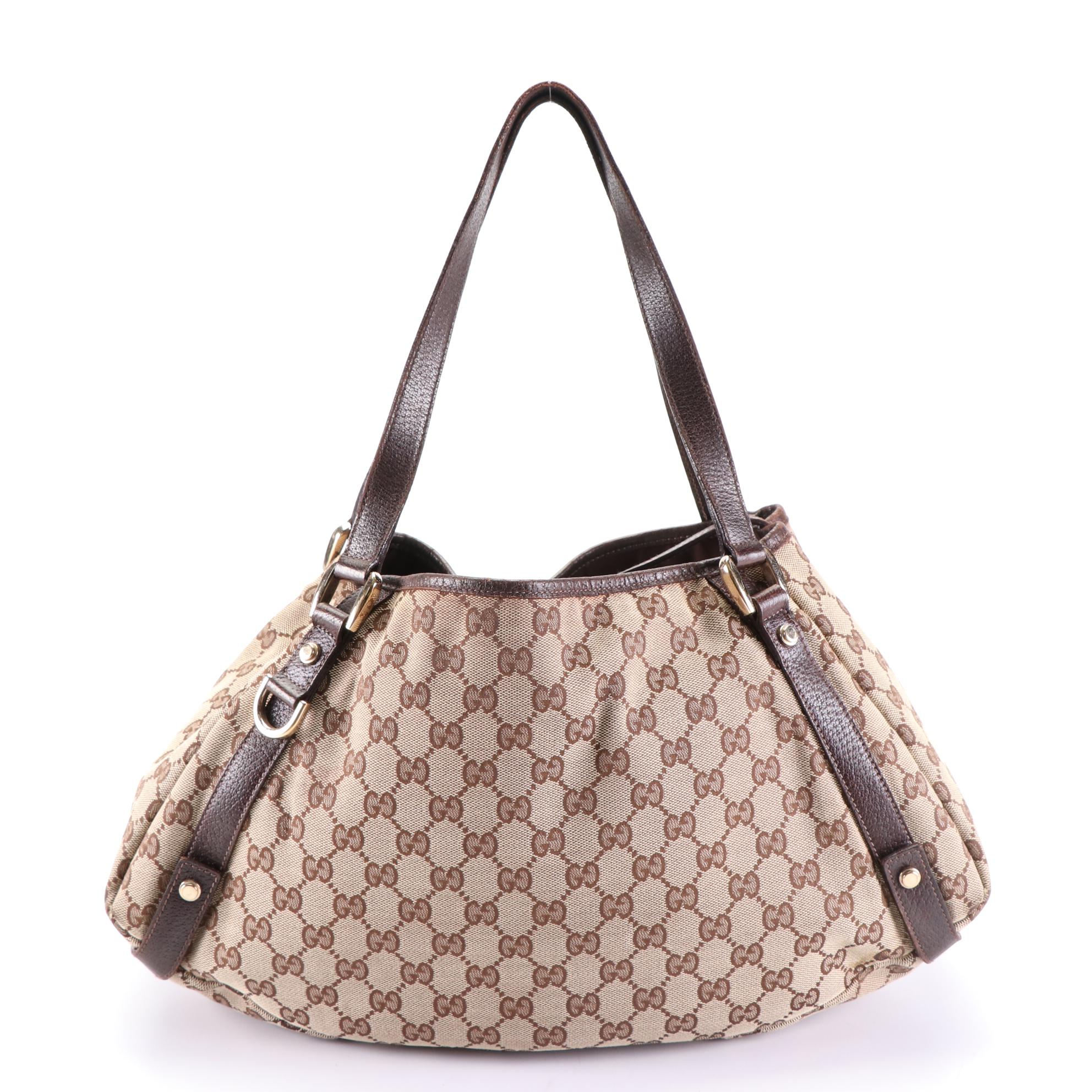 Gucci Abbey D-Ring Shoulder Tote in GG Canvas and Dark Brown Cinghiale Leather