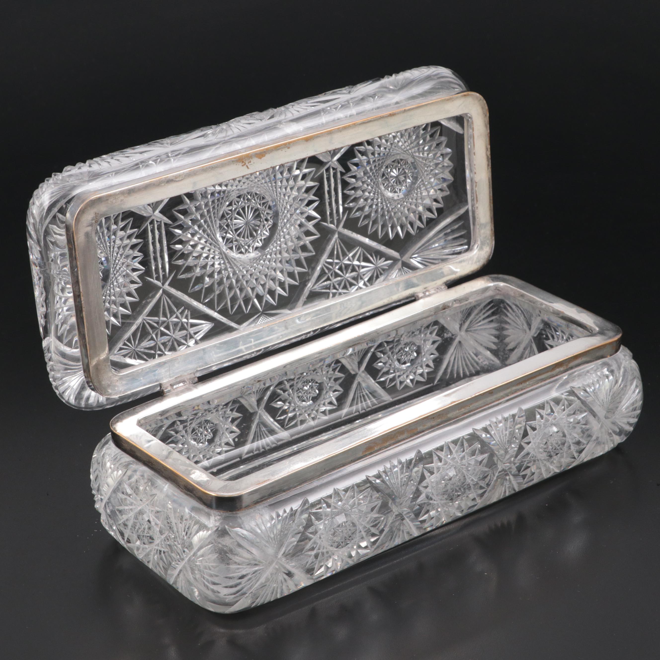 American Brilliant Style Hobstar Motif Cut Glass Glove Box