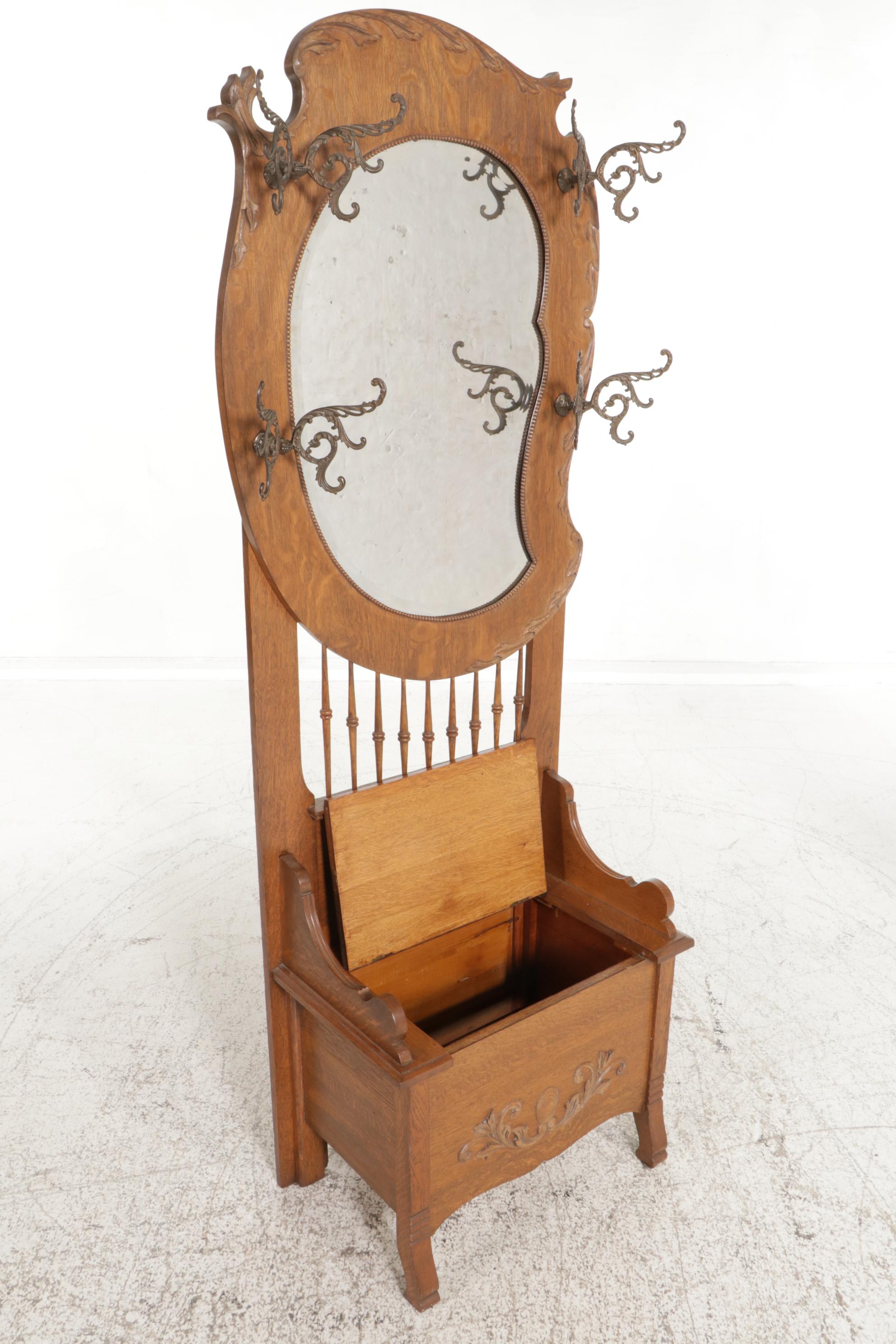 Victorian Oak Coat Tree and Mirror with Seat and Storage, Early 20th Century