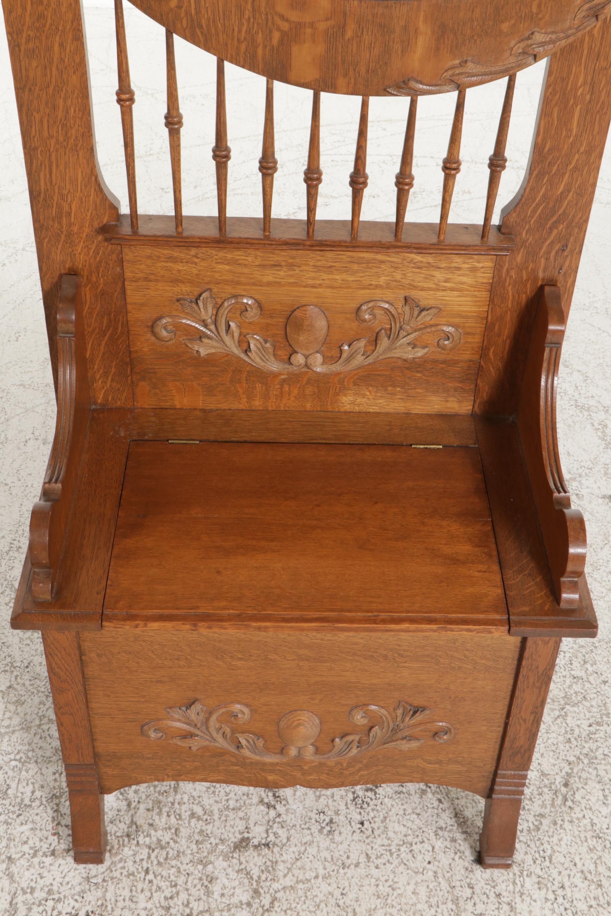 Victorian Oak Coat Tree and Mirror with Seat and Storage, Early 20th Century