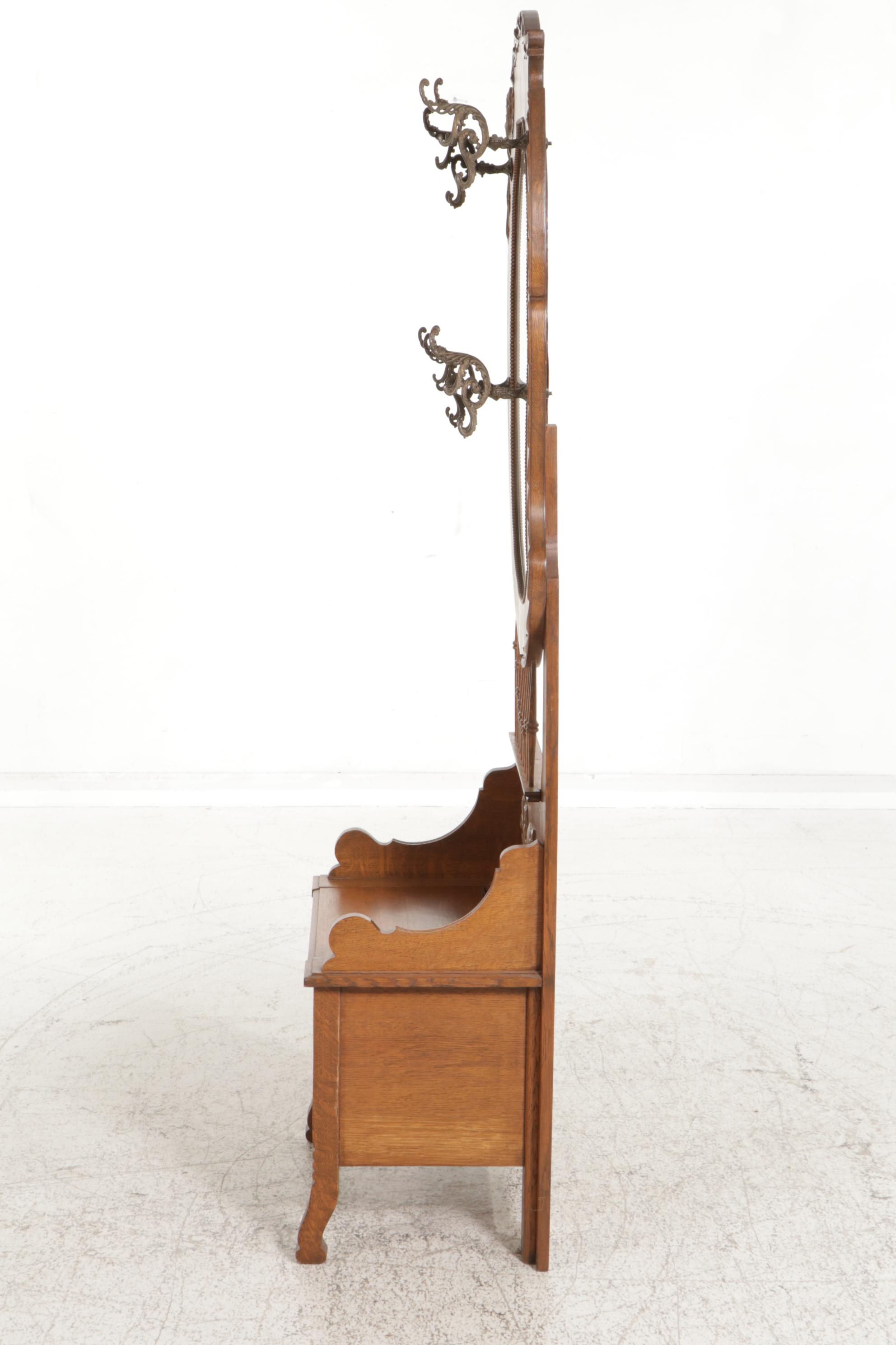 Victorian Oak Coat Tree and Mirror with Seat and Storage, Early 20th Century