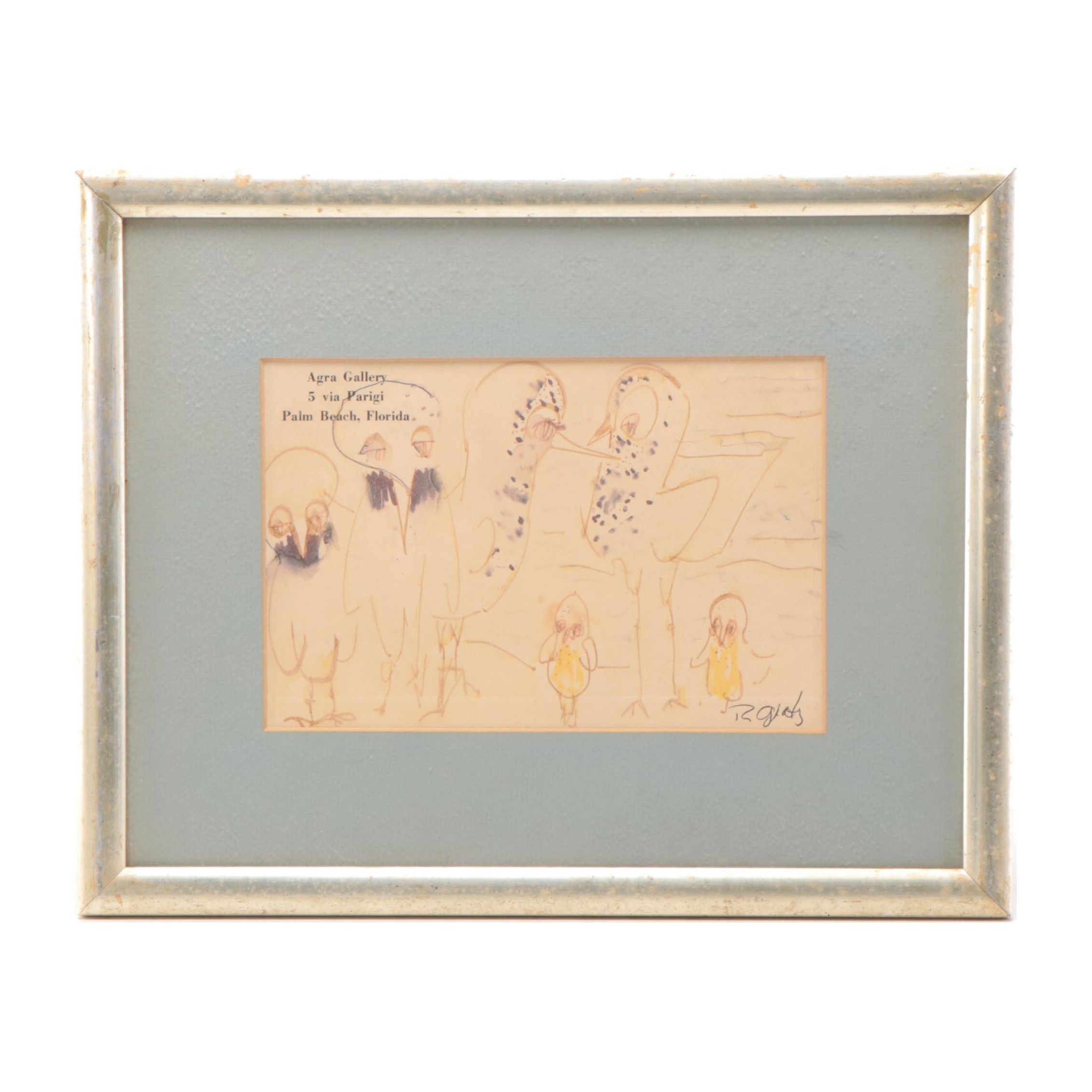 Outsider Art Ink Drawing of Birds, Circa 1957