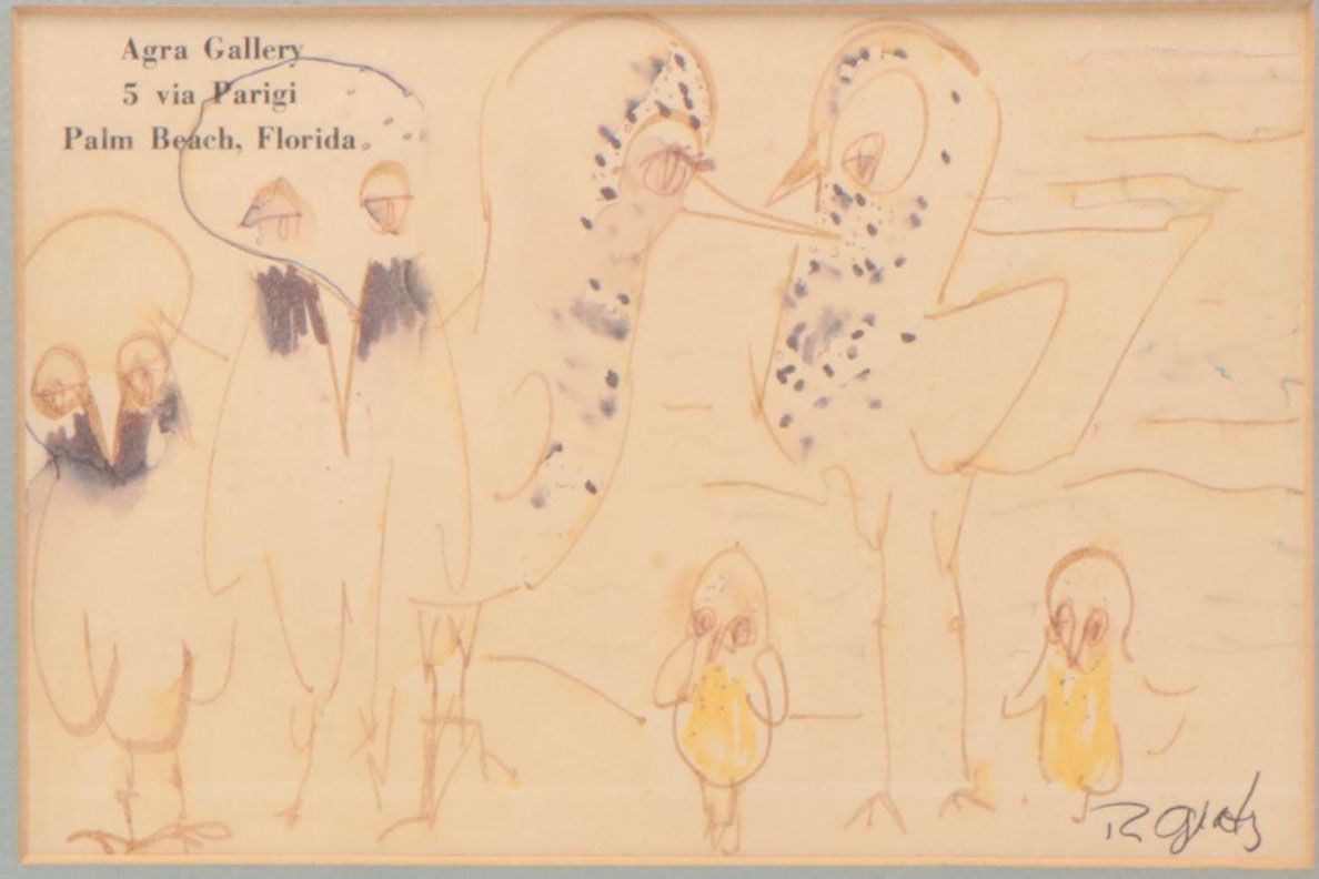 Outsider Art Ink Drawing of Birds, Circa 1957