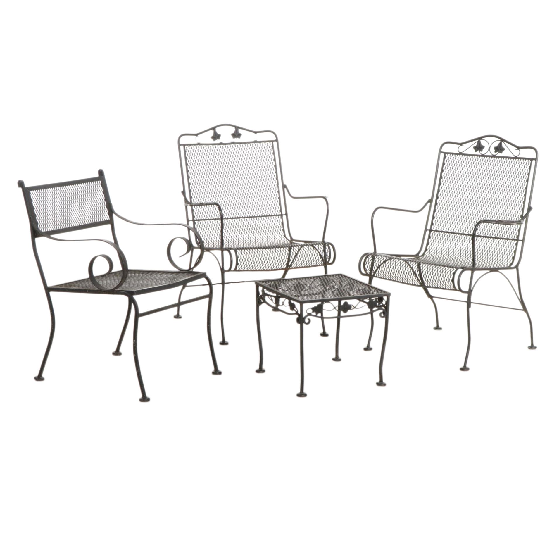 Three Black Wire Mesh Patio Armchairs and Side Table