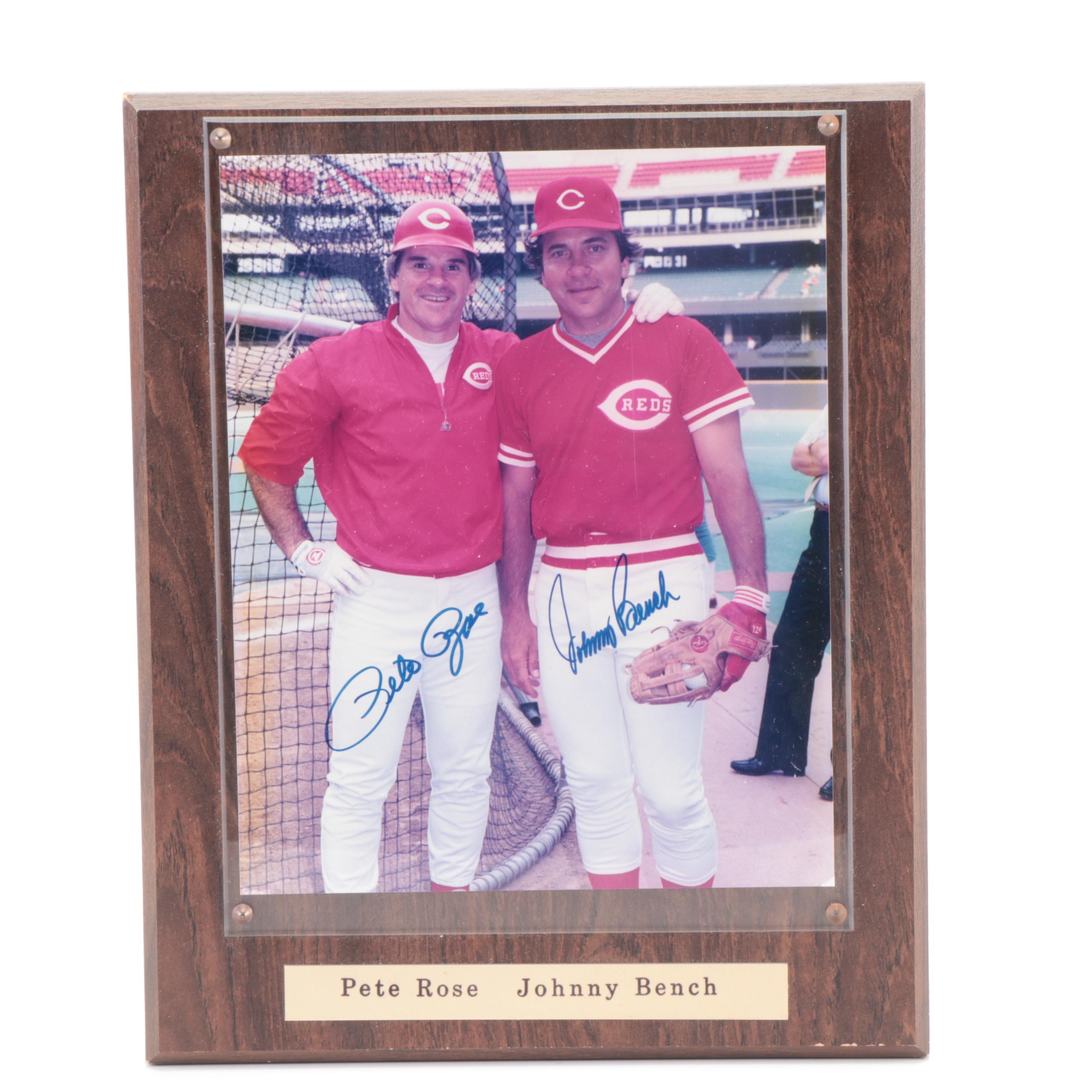 Cincinnati Reds Pete Rose, Johnny Bench Signed Plaque