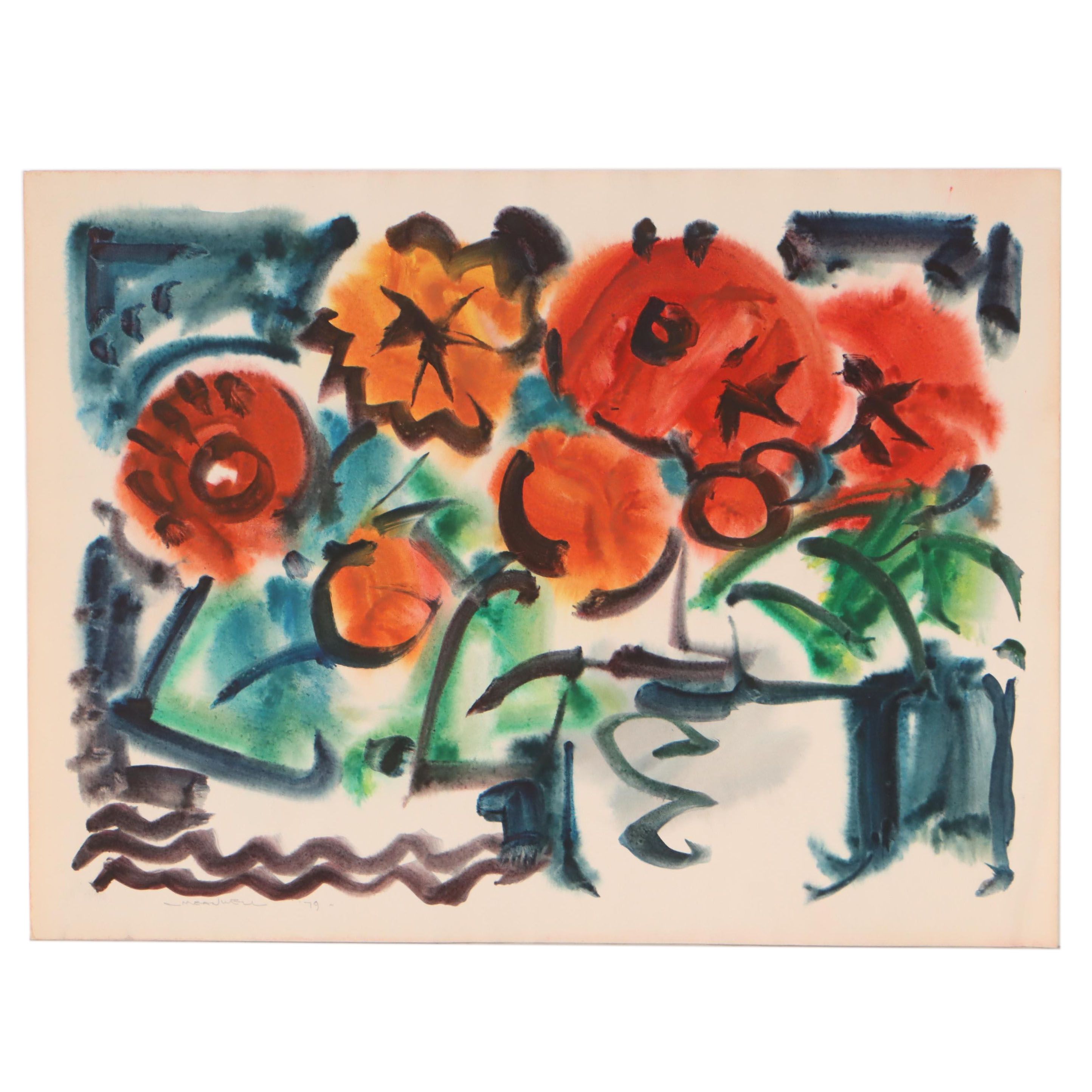 Jack Meanwell Abstract Watercolor Painting of Flowers, 1979