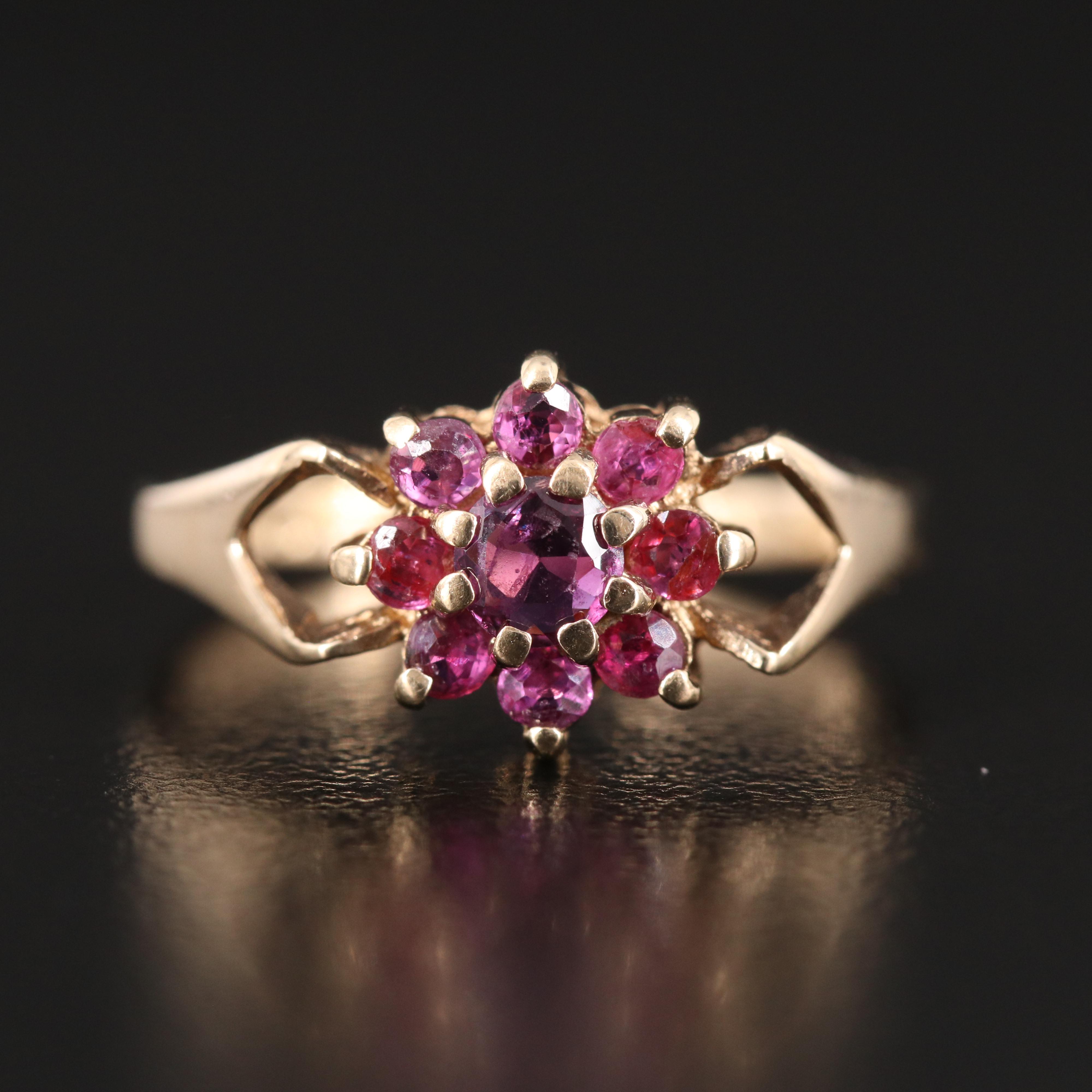 Vintage 9K Ruby Flower Ring with Pierced Shoulders