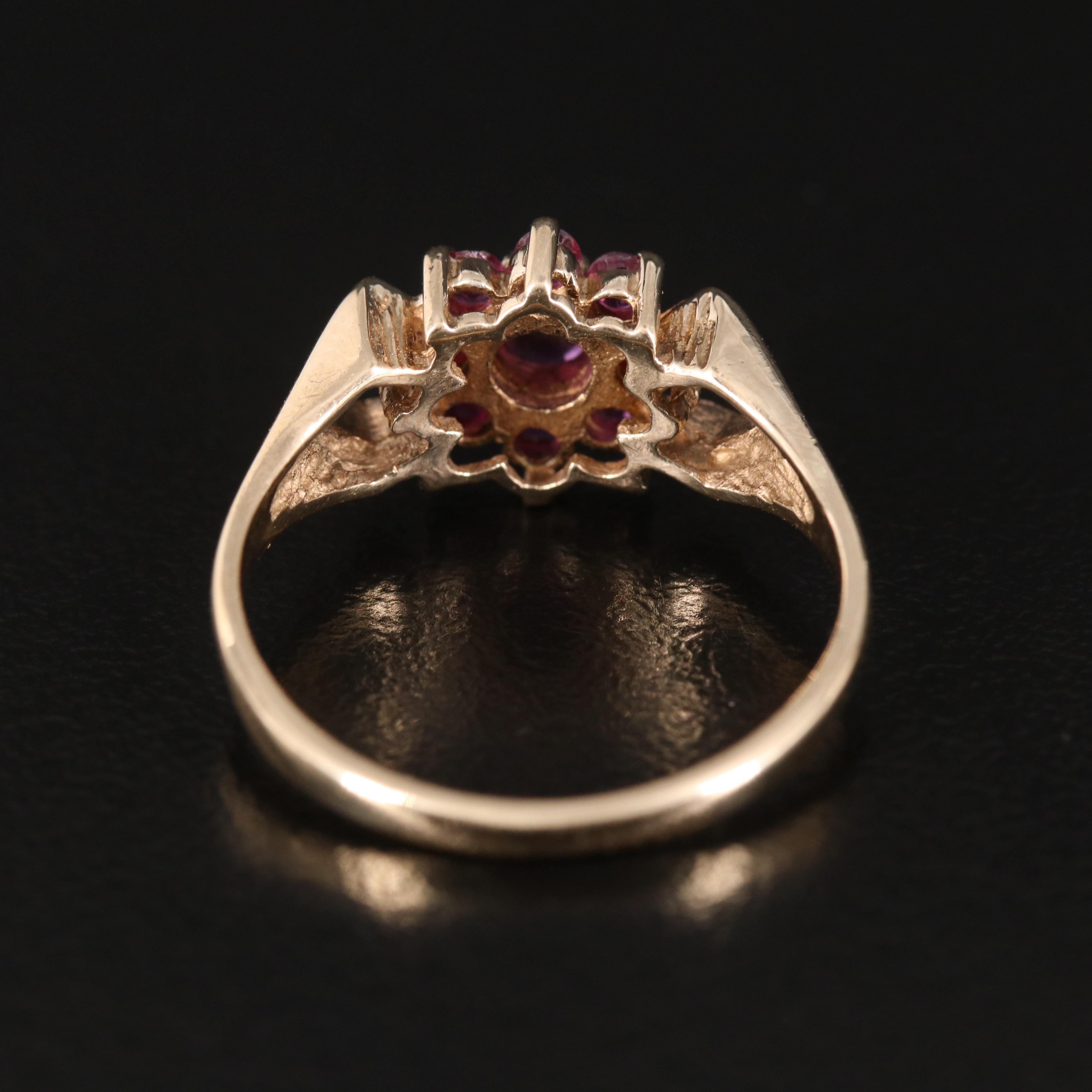 Vintage 9K Ruby Flower Ring with Pierced Shoulders