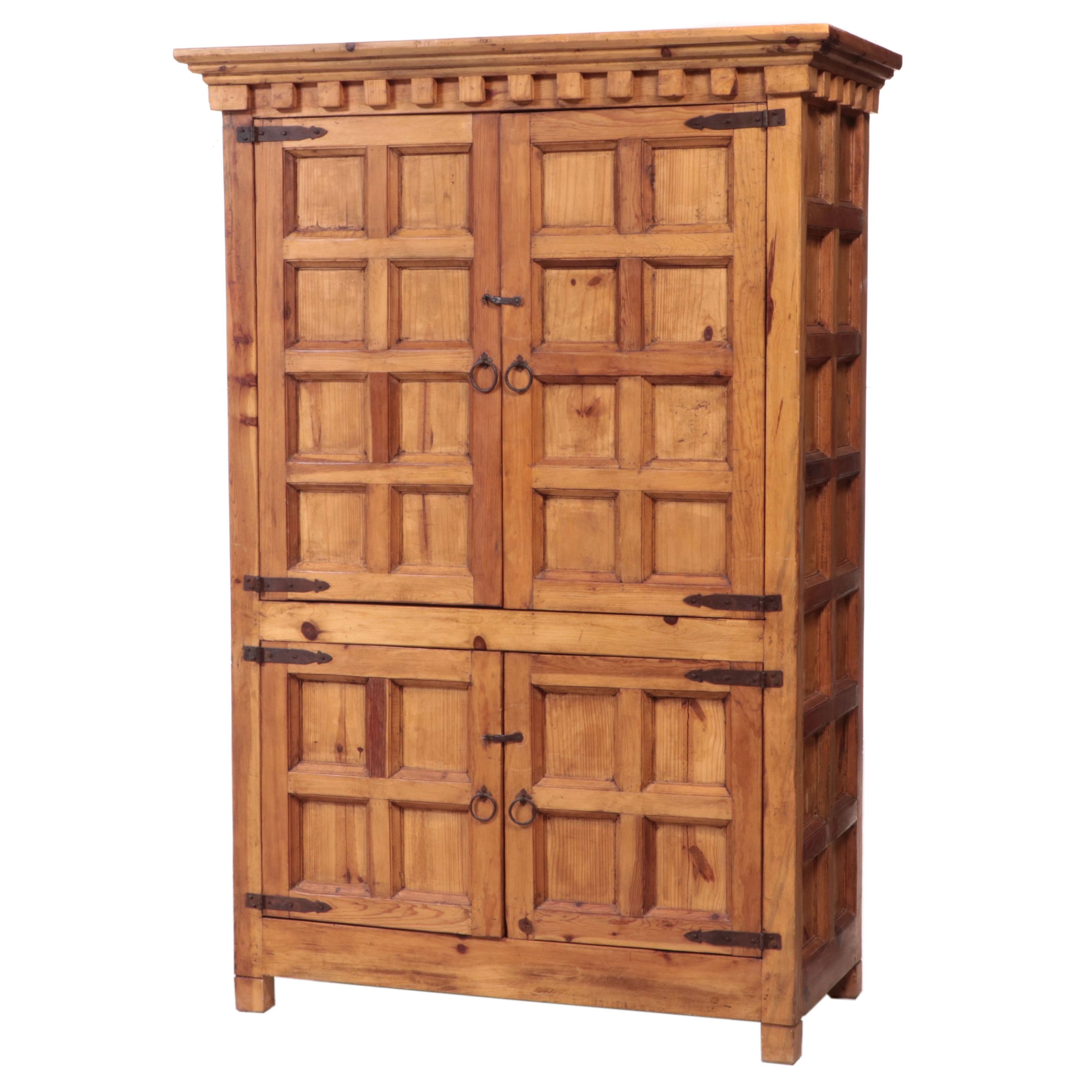 Mexican Spanish Colonial Style Iron-Mounted Paneled Pine Armoire