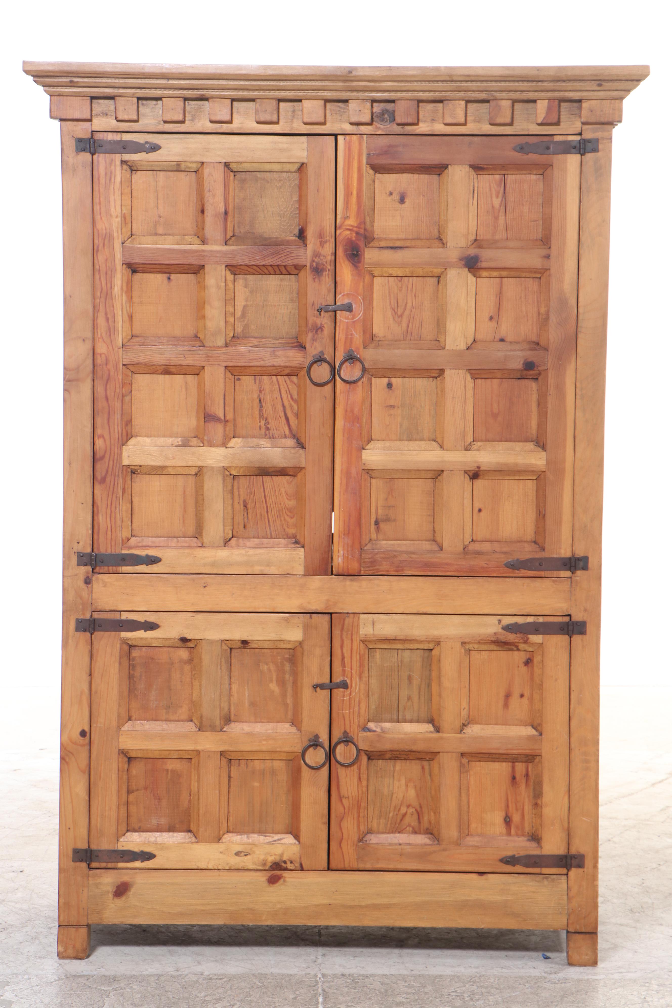 Mexican Spanish Colonial Style Iron-Mounted and Paneled Pine Armoire