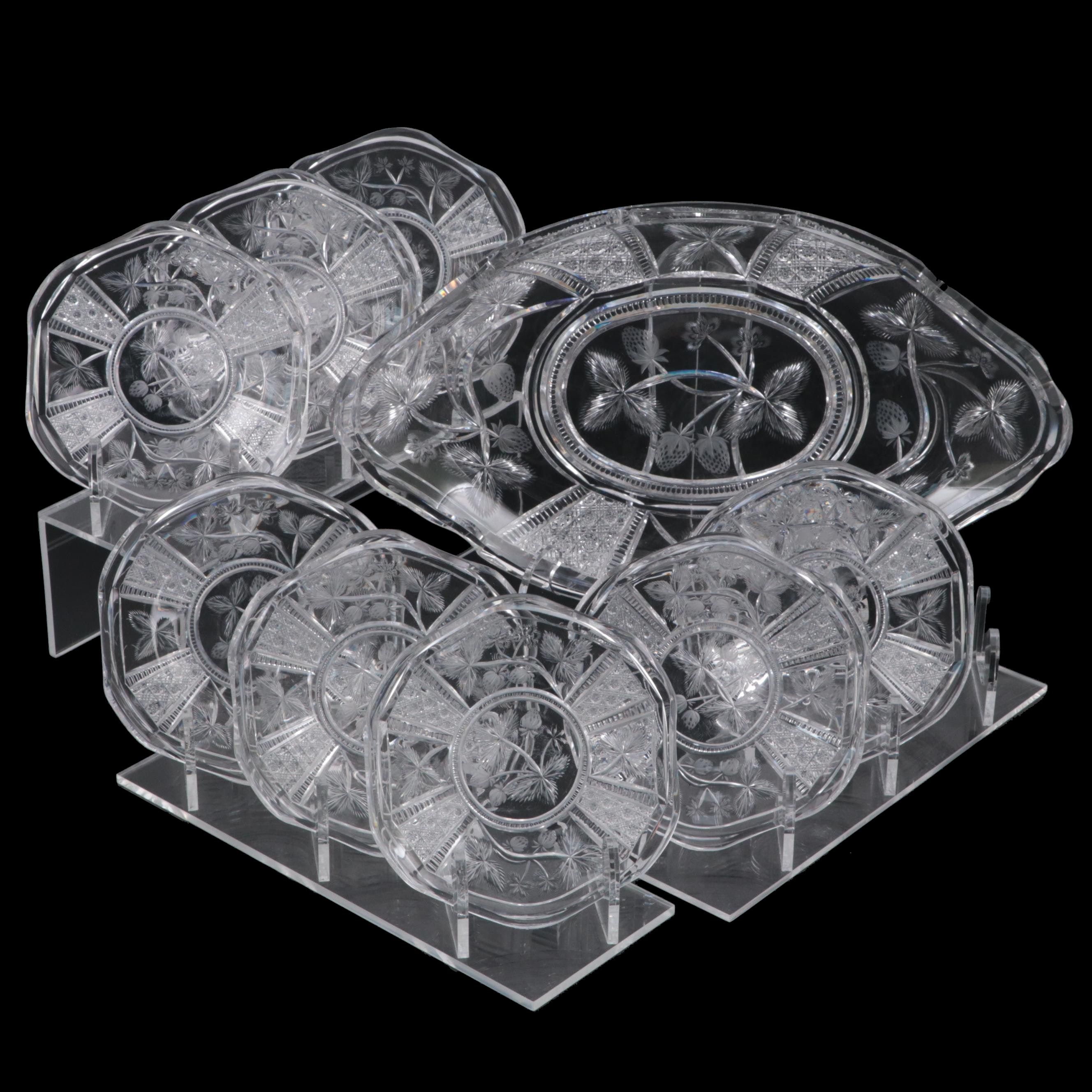 Libbey American Brilliant Cut Glass Strawberry Motif Ice Cream Tray and Plates