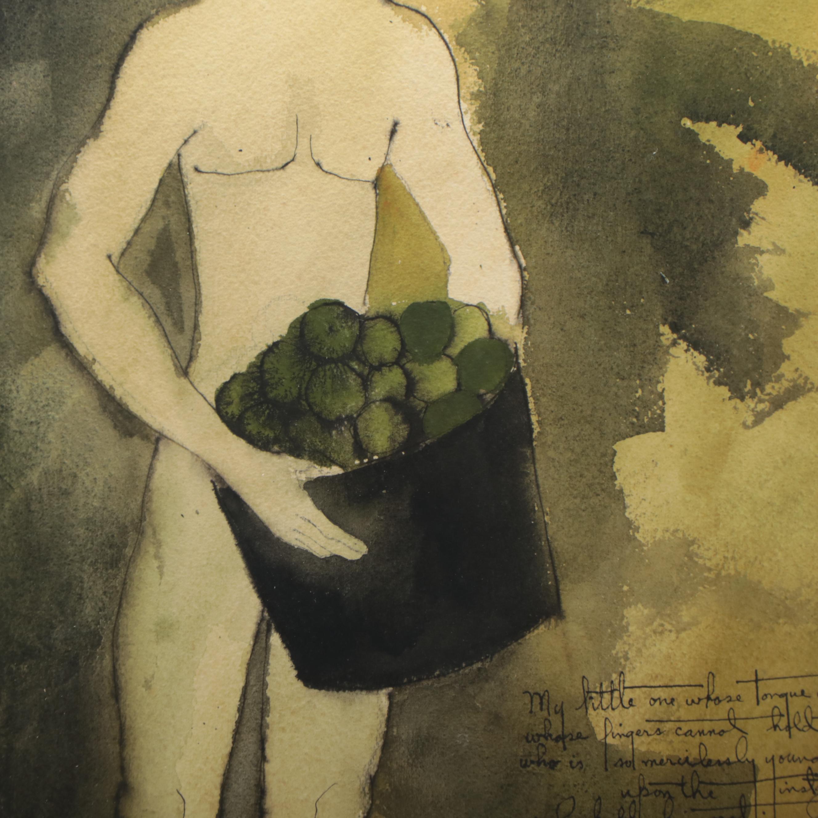 Figural Watercolor Painting Featuring a Tennessee Williams Poem, Circa 1960