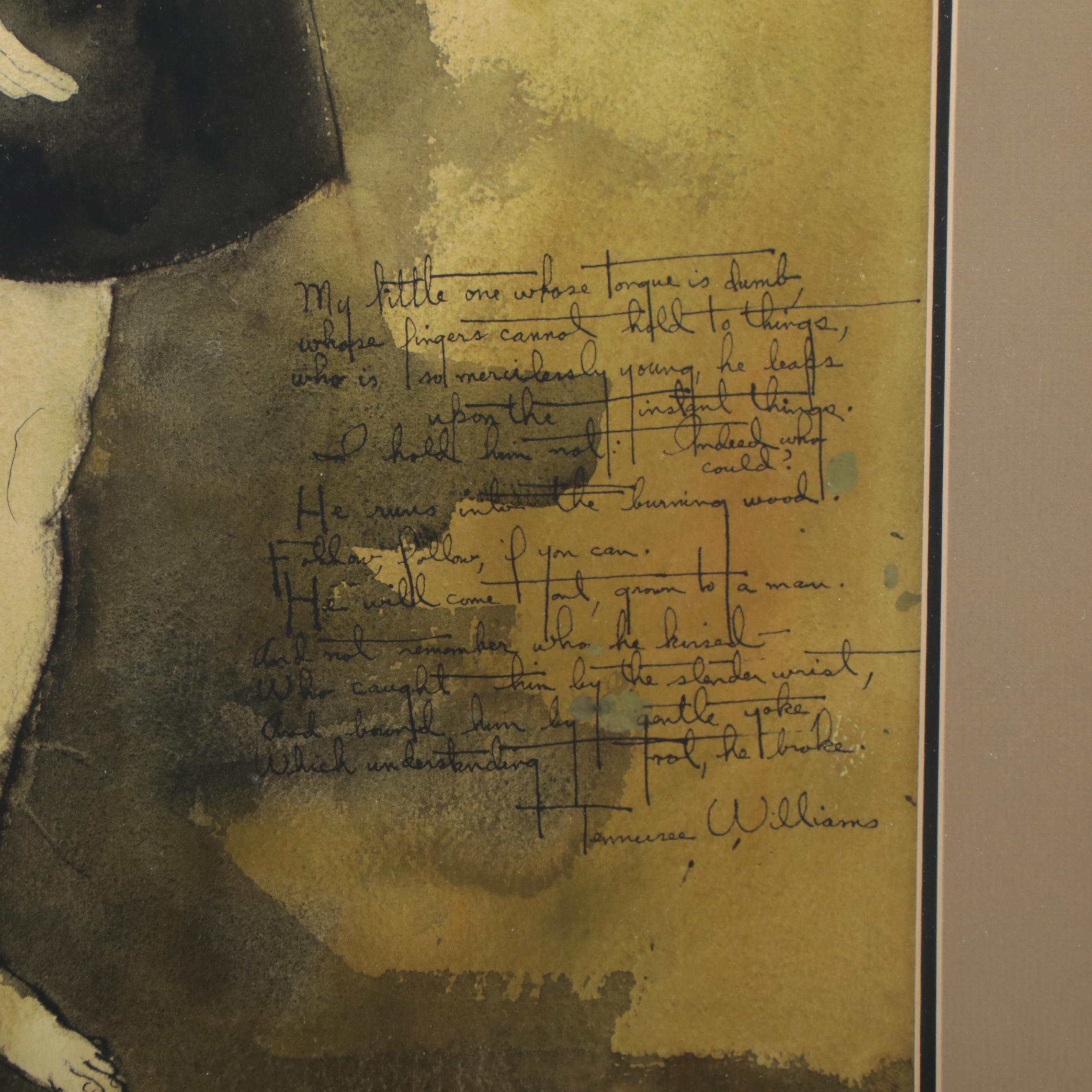 Figural Watercolor Painting Featuring a Tennessee Williams Poem, Circa 1960