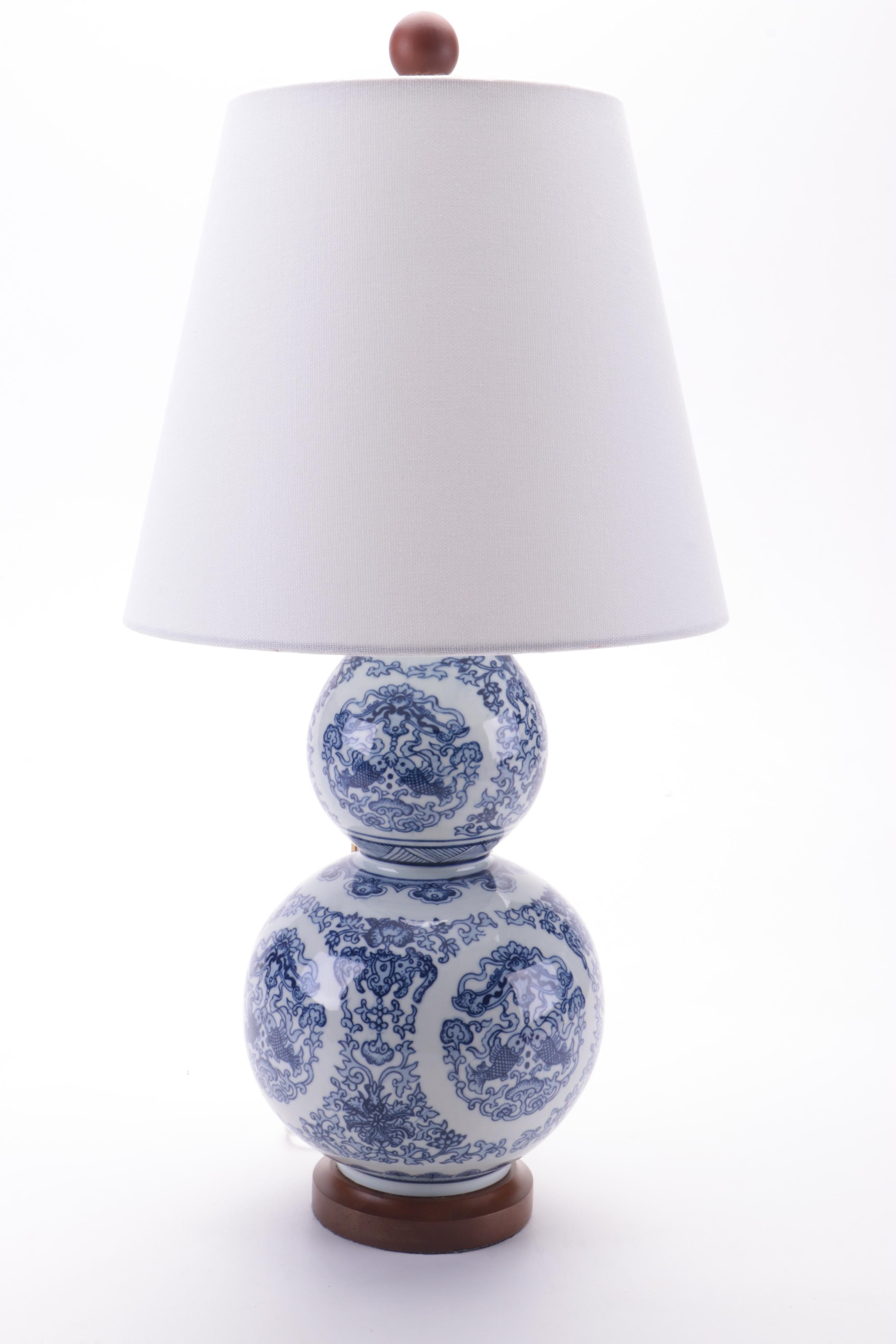 Pair of Ralph Lauren "Lauren" Blue and White Double Gourd Porcelain Lamps