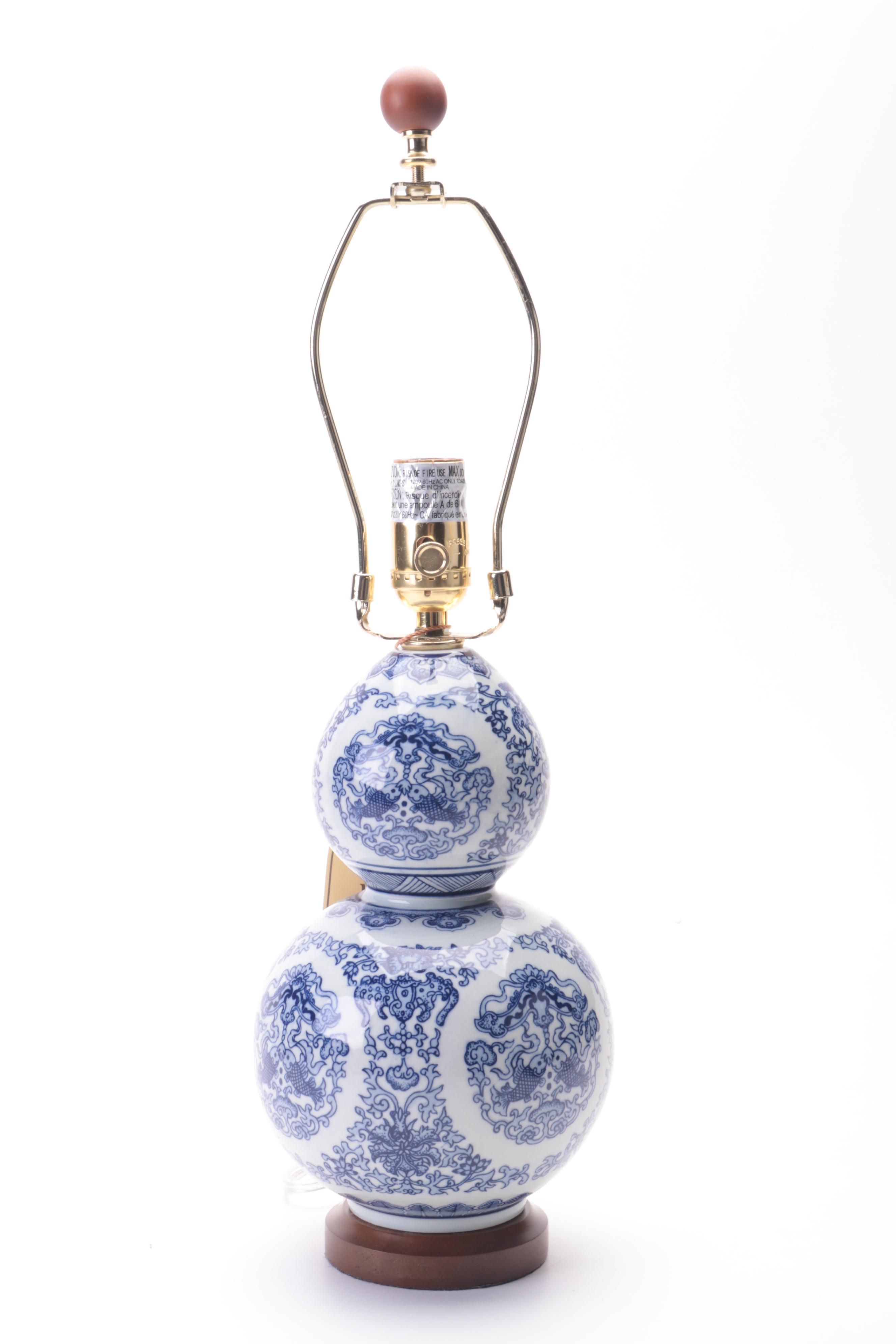 Pair of Ralph Lauren "Lauren" Blue and White Double Gourd Porcelain Lamps
