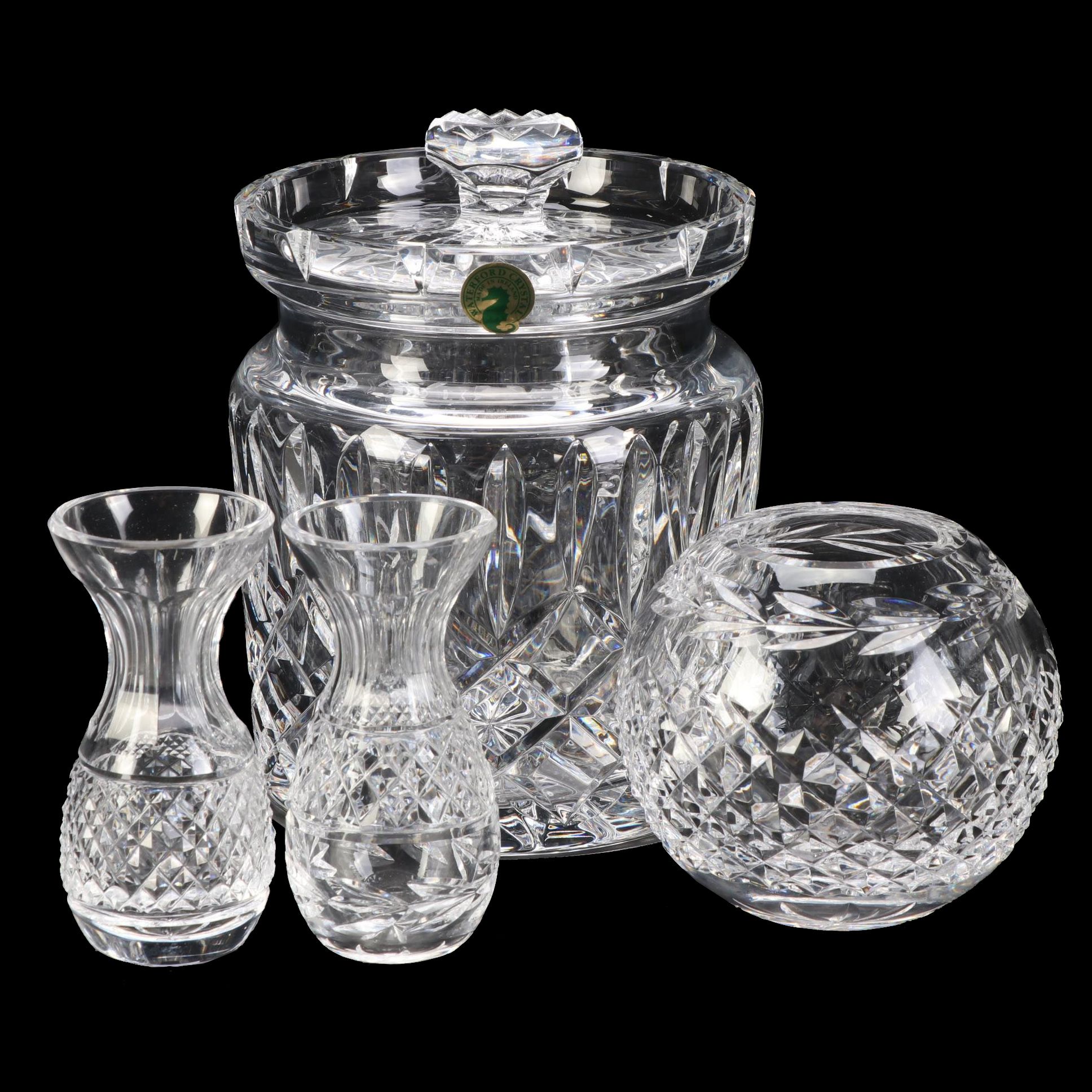 Waterford Crystal "Lismore" Biscuit Barrel with Bud Vases and Rose Bowl