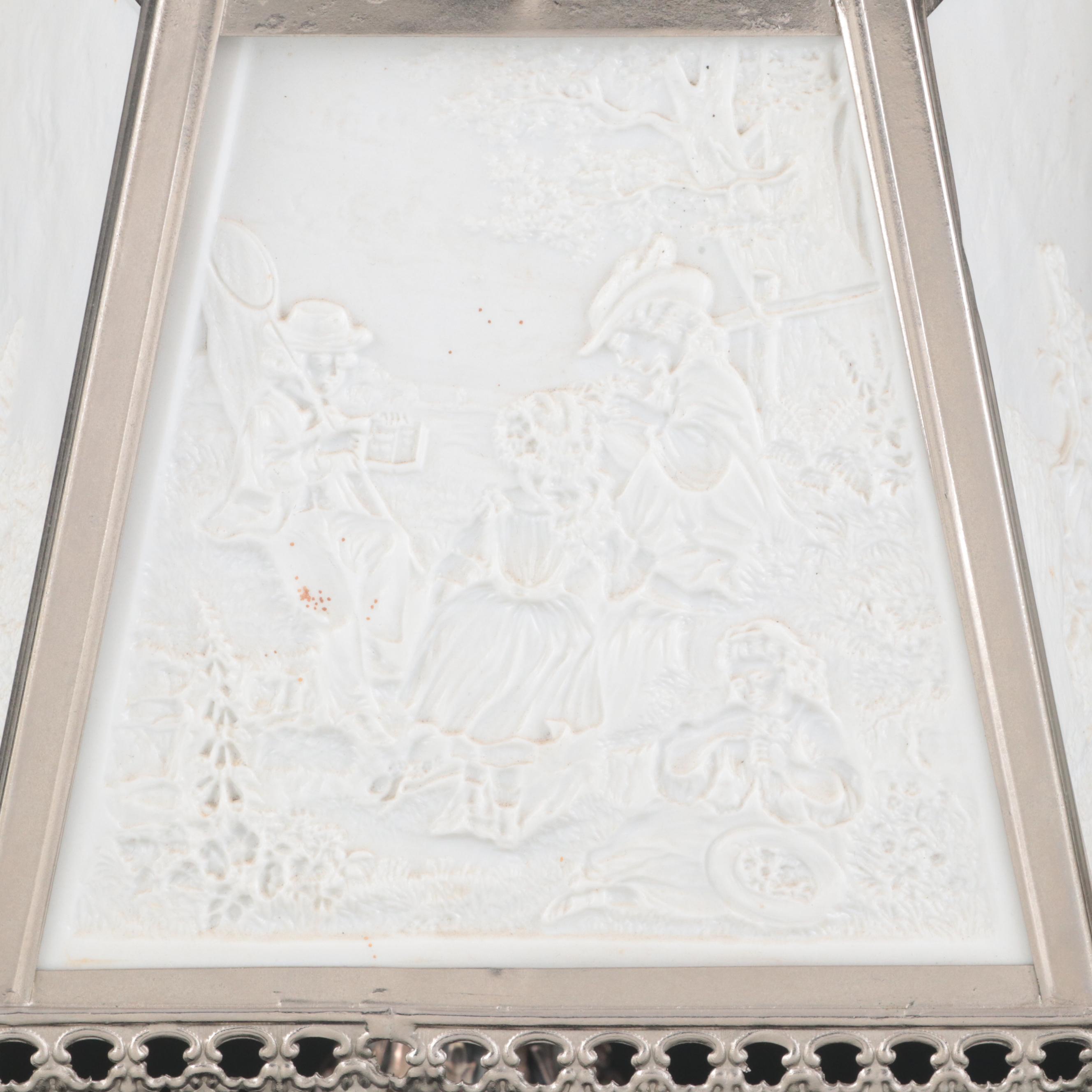 Silver Plate Candlestick Table Lamps with Lithophane Paneled Shades