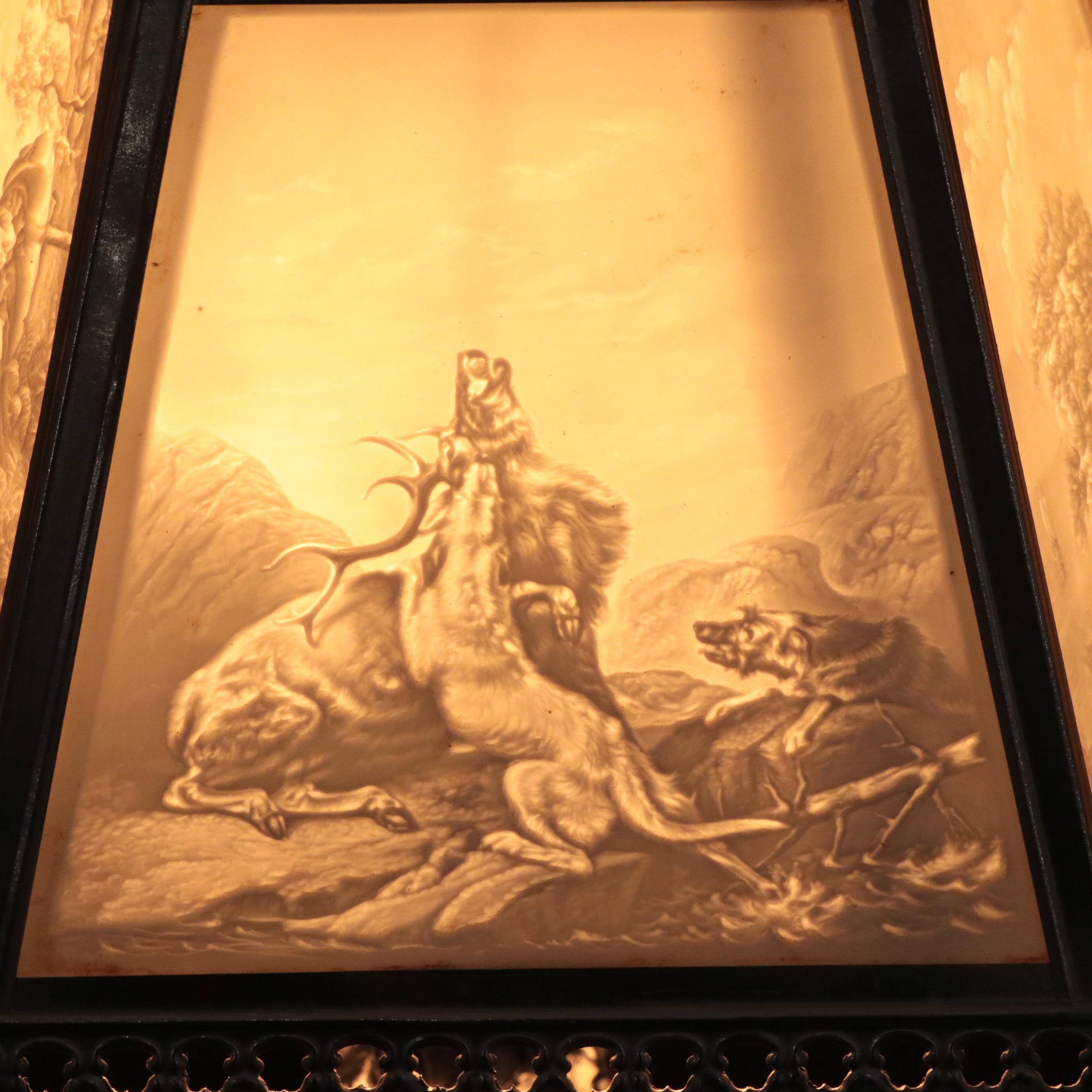 Silver Plate Candlestick Table Lamps with Lithophane Paneled Shades