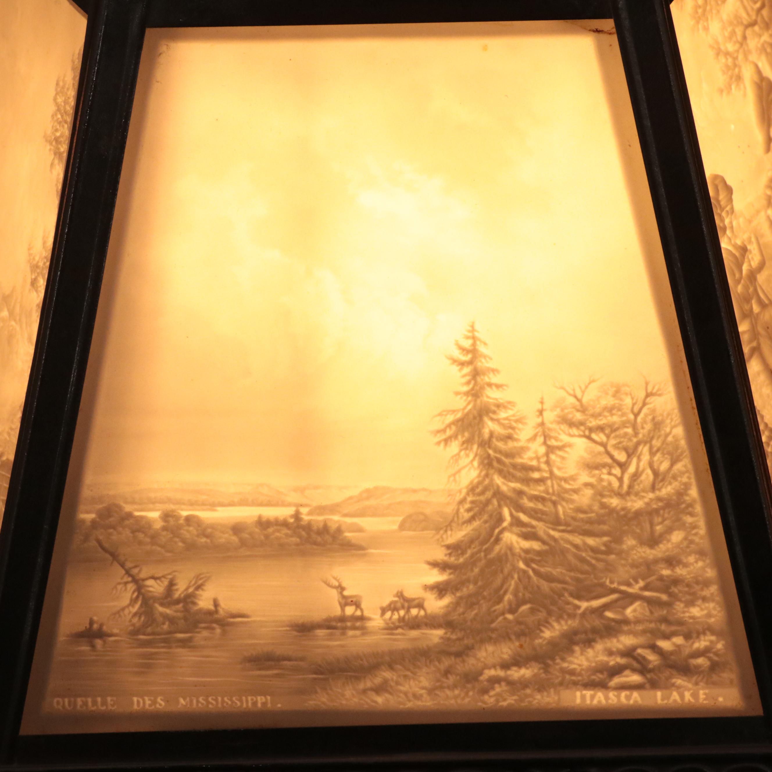 Silver Plate Candlestick Table Lamps with Lithophane Paneled Shades