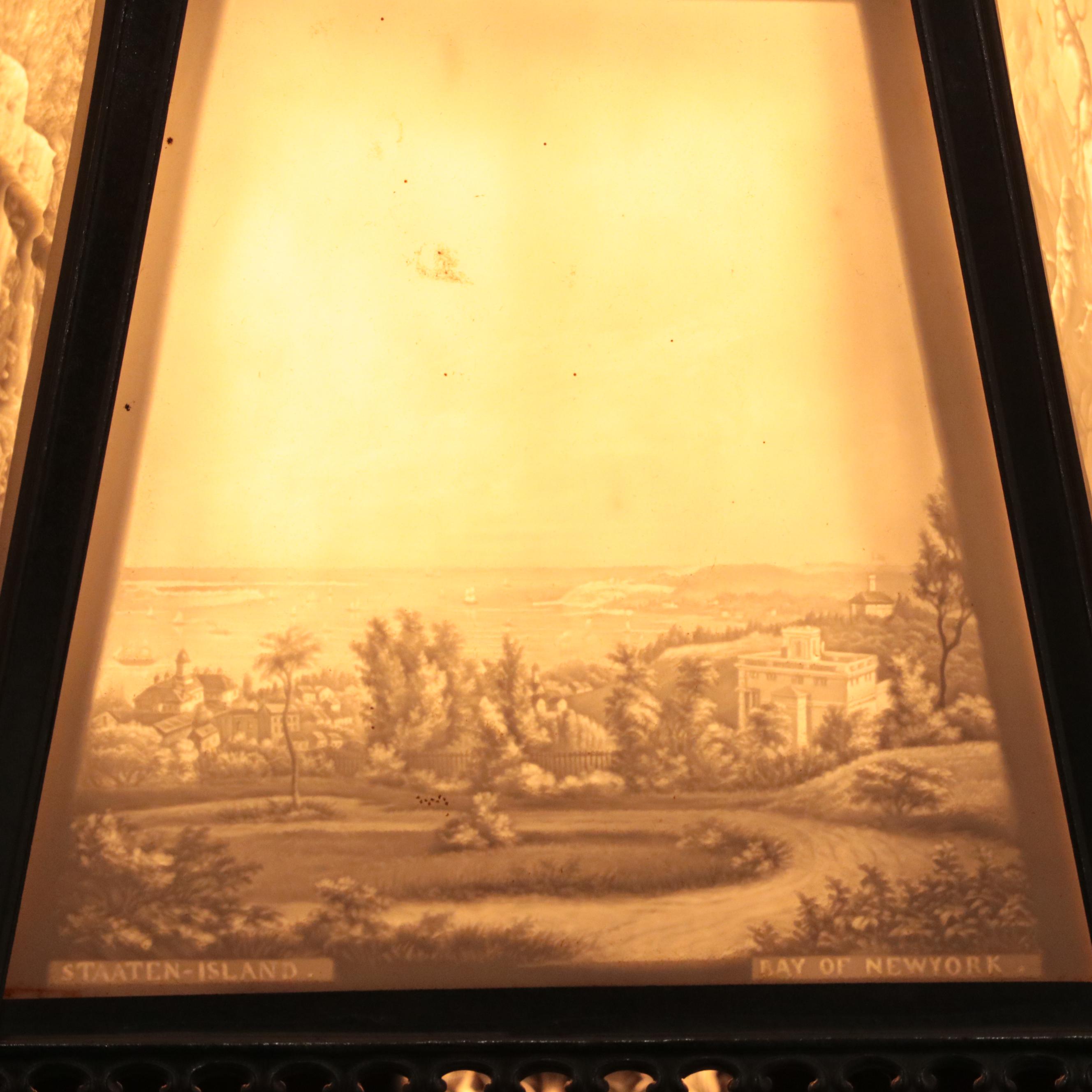 Silver Plate Candlestick Table Lamps with Lithophane Paneled Shades